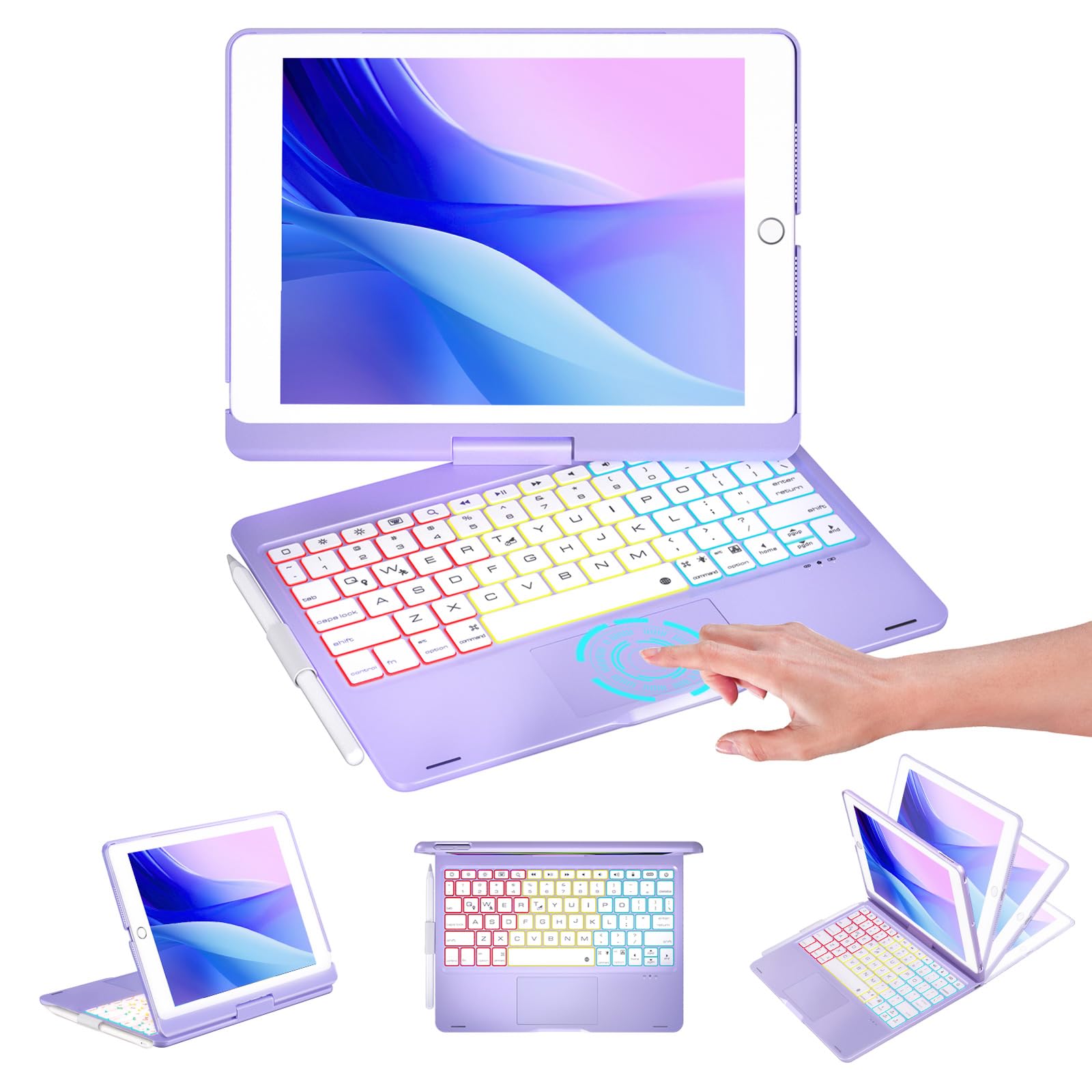 Baisla iPad 9th Generation Case with Keyboard 10.2" (2021), 360° Rotatable with Trackpad & Rainbow Backlit, iPad Keyboard case for 9th/8th/7th, iPad Air 3, iPad Pro 10.5 (Metallic Purple)