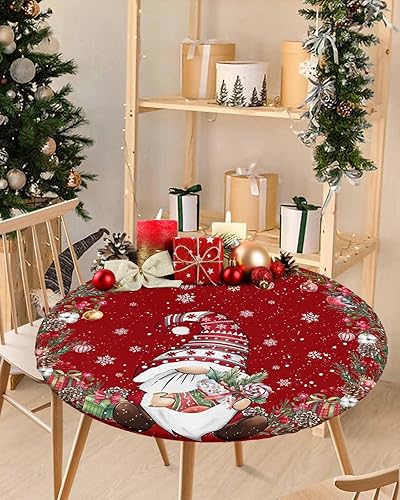 Mantel redondo ajustable de Navidad con borde elástico, mantel redondo de gnomo de Navidad con borde elástico, mantel impermeable con cono de pino y