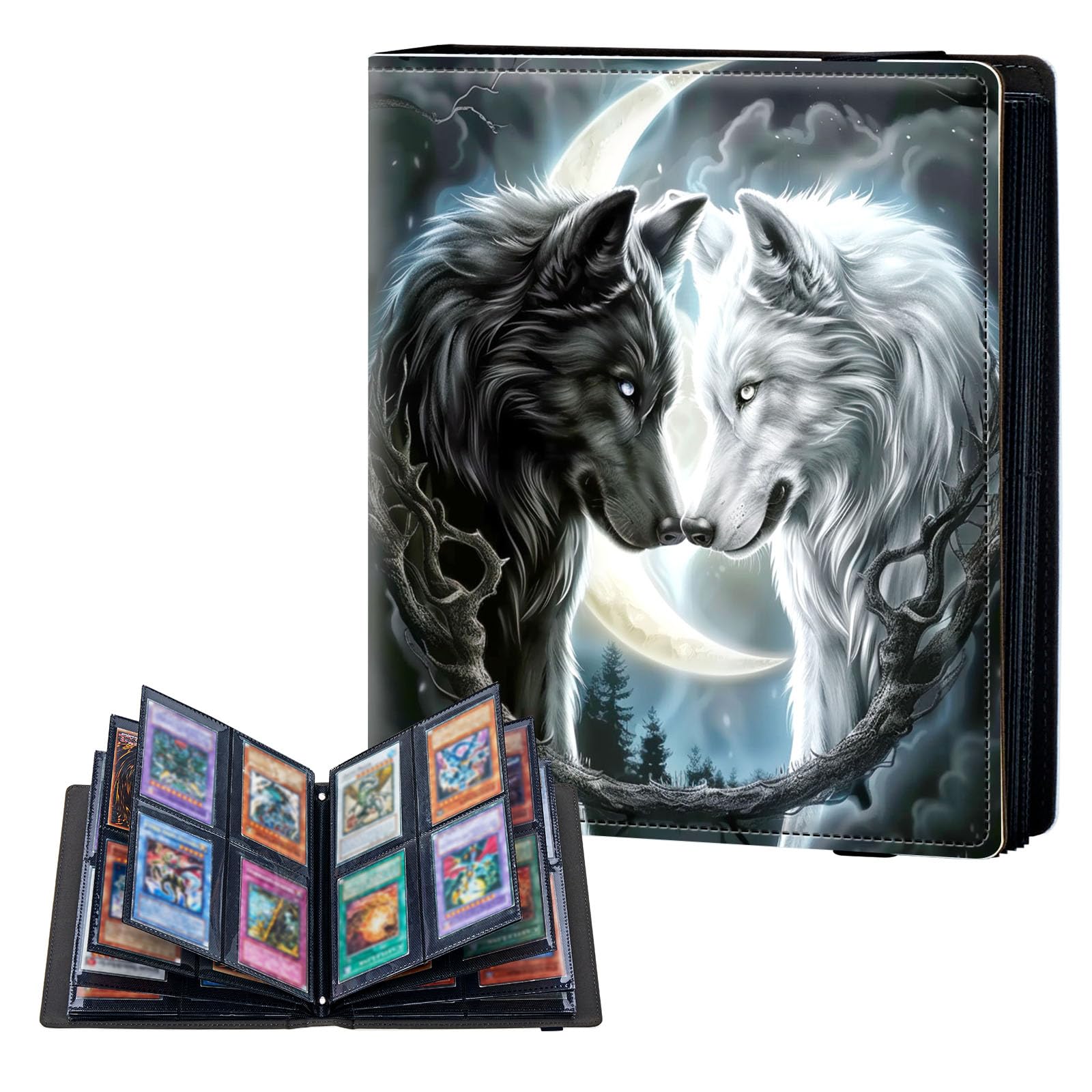 ETLKJVBL 4 Pocket Trading Card Binder, Card Collection Binder for TCG, MTG, Sports Cards, Baseball, Black White Wolf Trading Card Book Holder for Collectors, Top Loader Binder