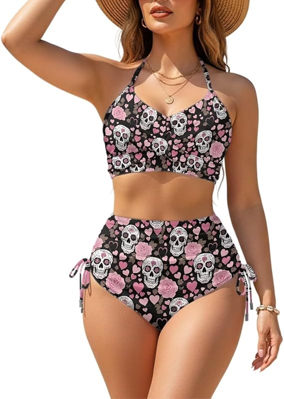 Women's V Neck Bikini Sets Crisscross Tie Back 2 Piece Swimsuits Drawstring High Waisted Beach Bathing Suit