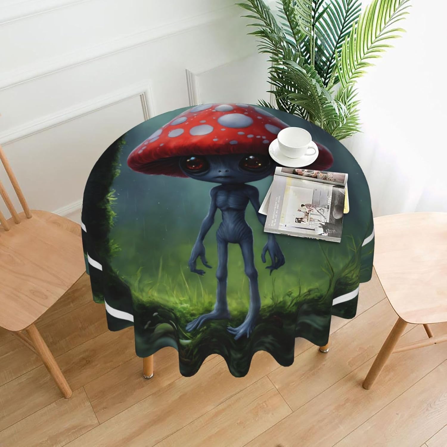 Astronaut and Alien Print Wrinkle Free Dining Table Cover for Birthday Party Farmhouse Tablecloths Up to 60 x 60 Inches