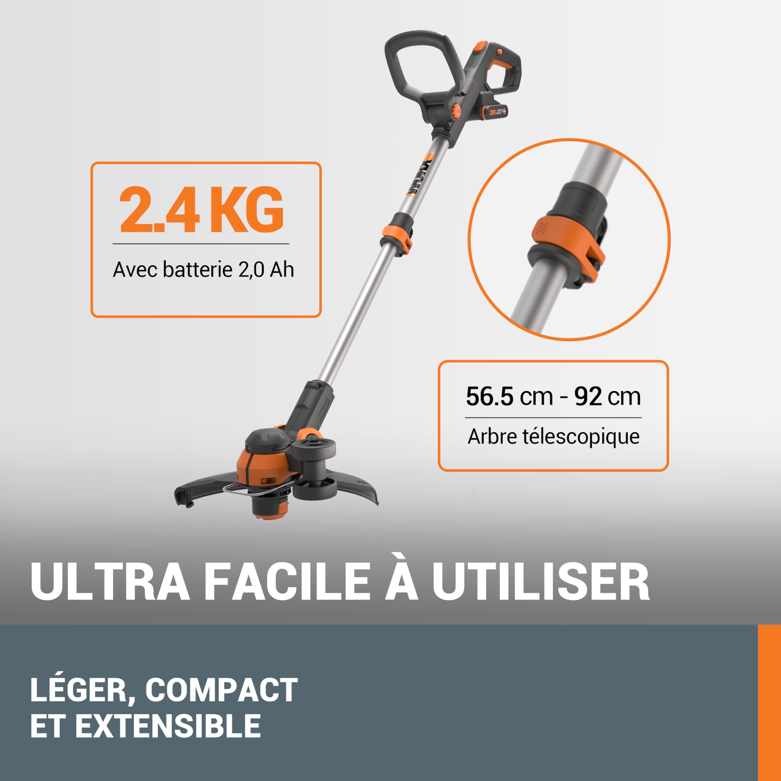 WORX Coupe-Bordures 2 en 1 sans Fil 20V WG163E.9, diamètre de 30 cm, se transforme en Dresse-Bordures, poignée Amovible, Capot de Protection, tête Amovible 90°, livré sans Batterie ni Chargeur