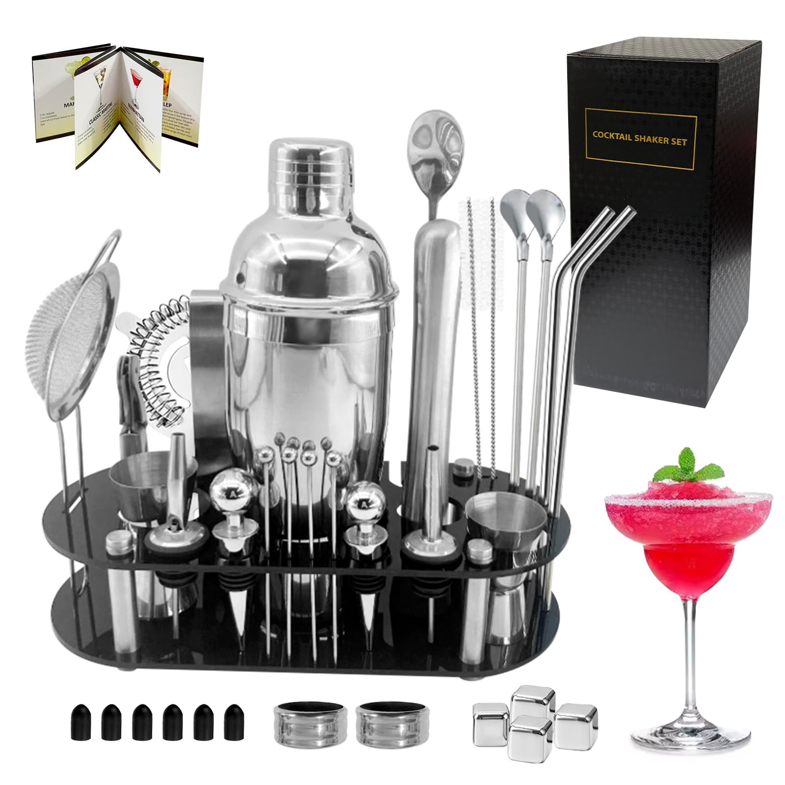 37Pcs Cocktail Shaker Bar Set, Bartender Kit with Stand, Stainless Steel Bartending Bar T…