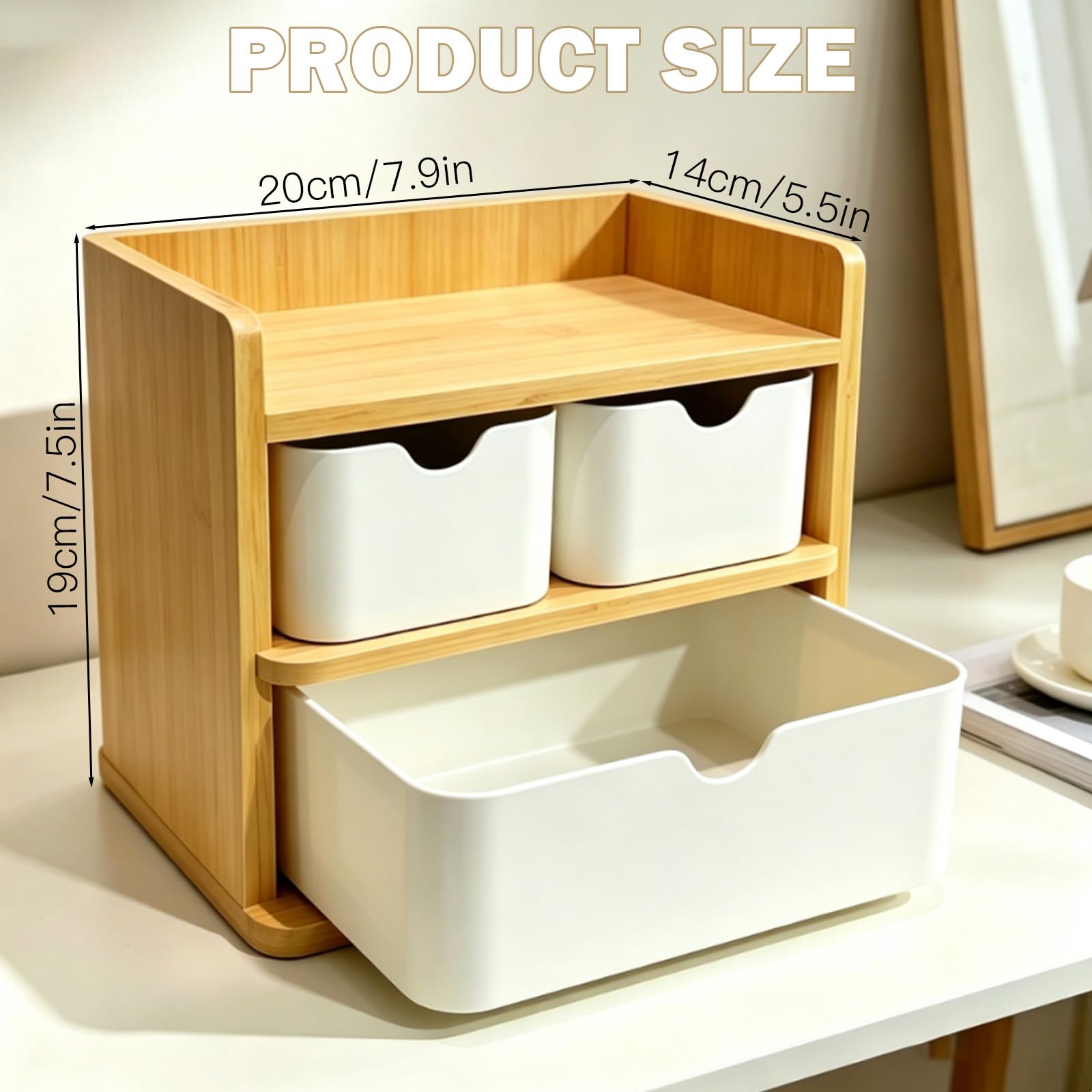 Schreibtisch Organizer, Schreibtisch Organizer mit schubladen Holz und Bambus, vielseitige Aufbewahrungsbox für Schulmaterial, Schmuck, Kosmetik und Schreibwaren