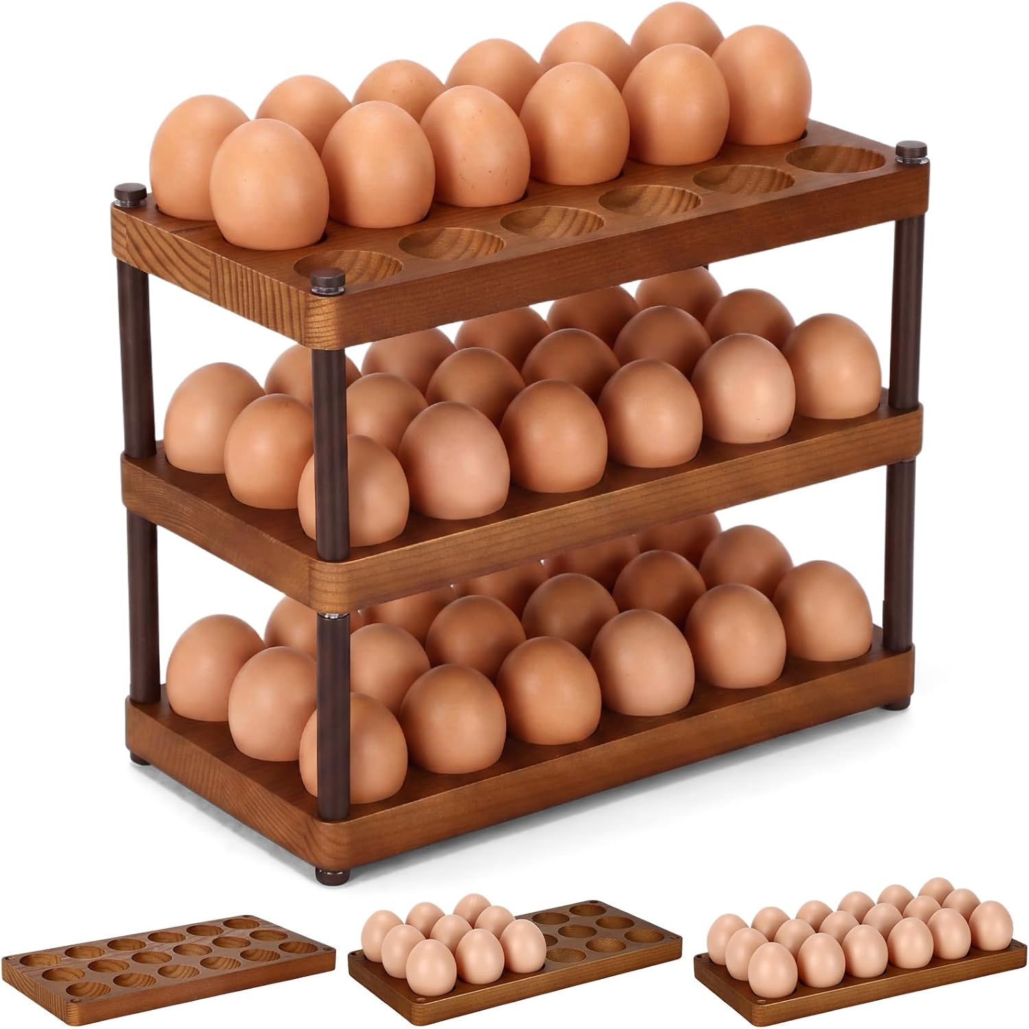 3 Tier Wooden Egg Holder Countertop Egg Holder for 54 Fresh Eggs Countertop Eggs Storage Tray Organizer Stackable Deviled Container Rack for Home Farmhouse Kitchen Decor