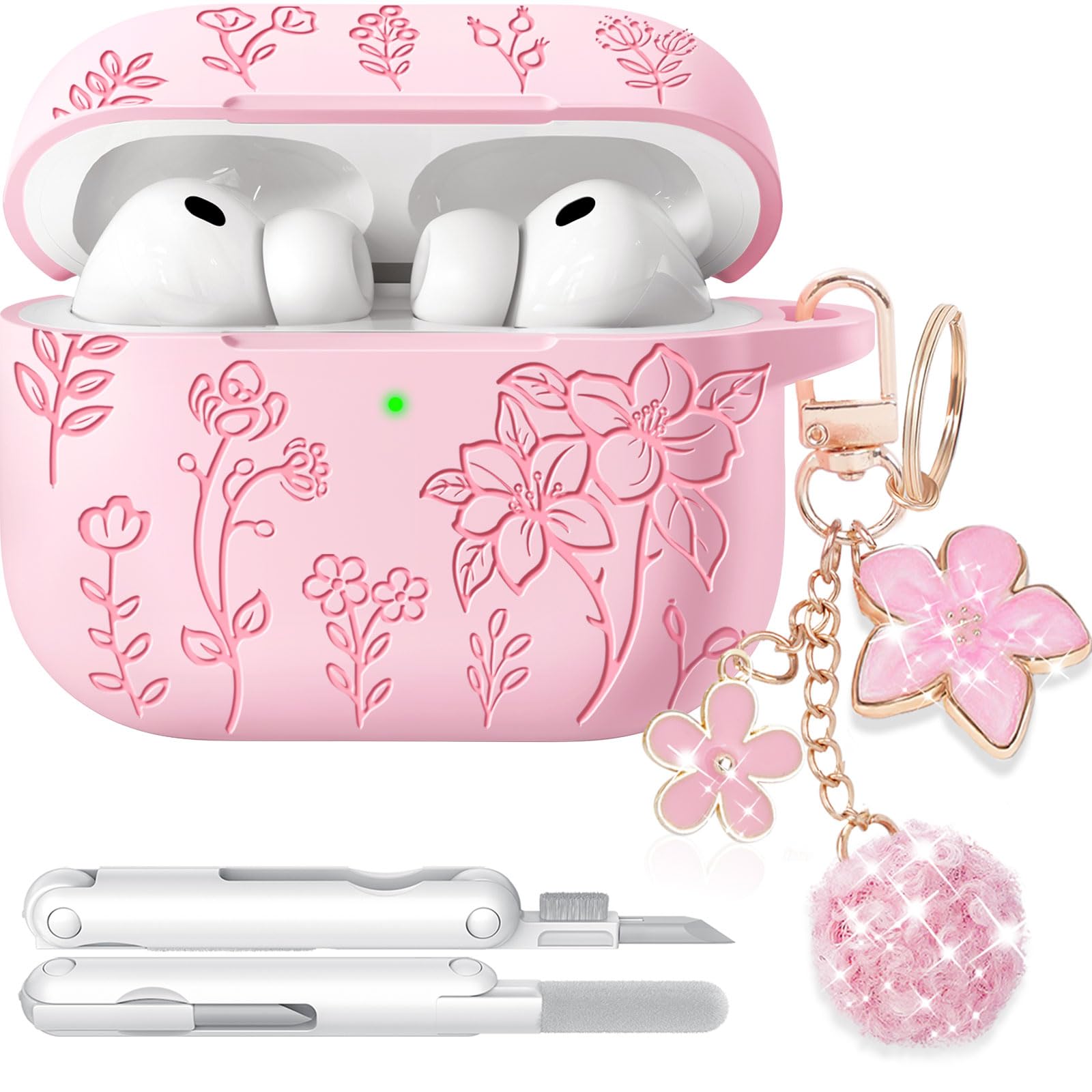 Ekoonpft for AirPods Pro 3 Case Pink, Flower Engraved Soft Silicone Case | with Cleaner Kit &amp; Keychain for Apple AirPods Pro 3rd Generation 2025 ipod 3 Cover for Women Girly, Shockproof, Anti-Scratch