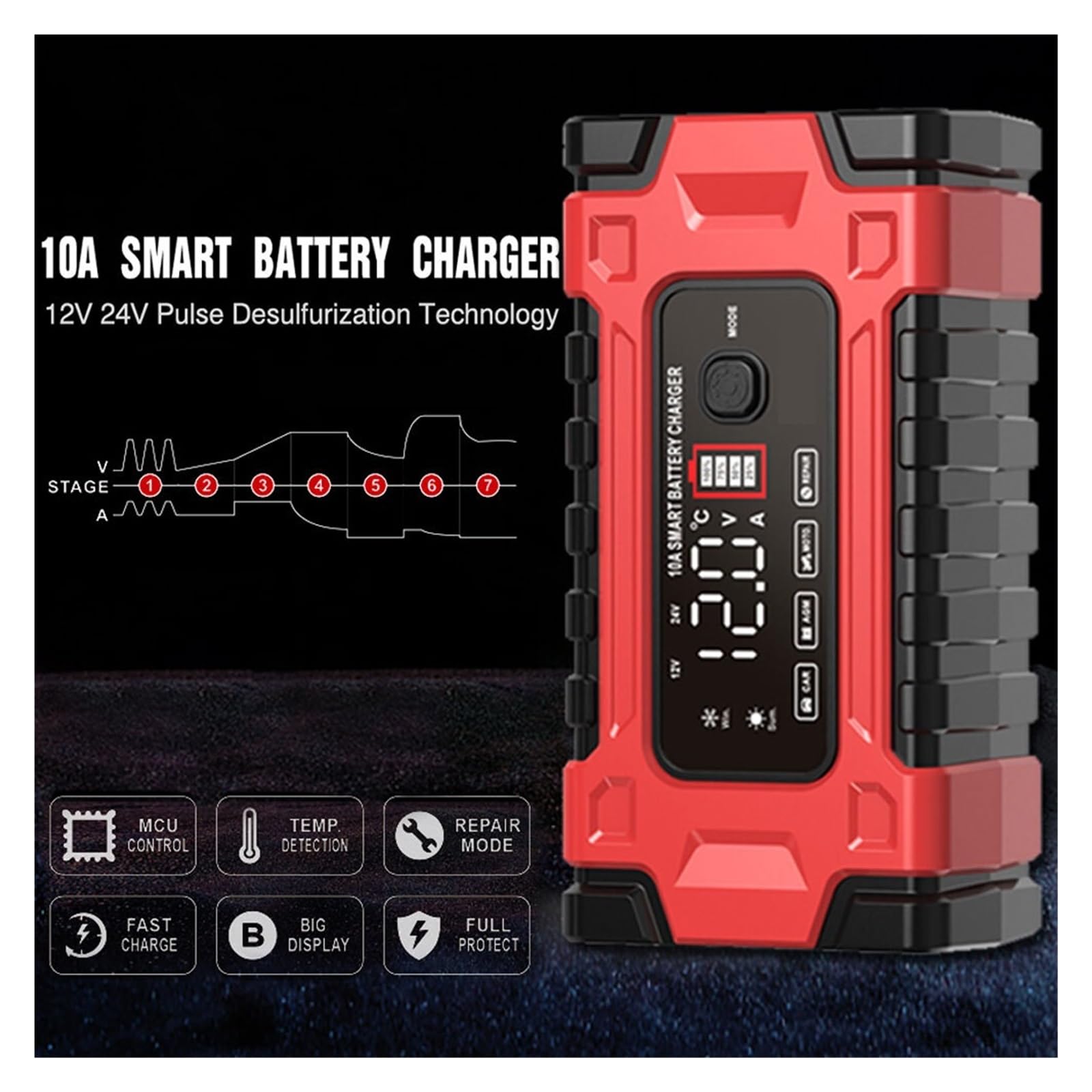 W Pełni Automatyczna Ładowarka Samochodowa 12V 10A / 24V 5A Kwasowo-ołowiowy/żelowy Wyświetlacz LCD Inteligentna Szybka Ładowarka Samochodowa Narzędzie Samochodowe Szybkie I Wydajne łAdowanie(Red)