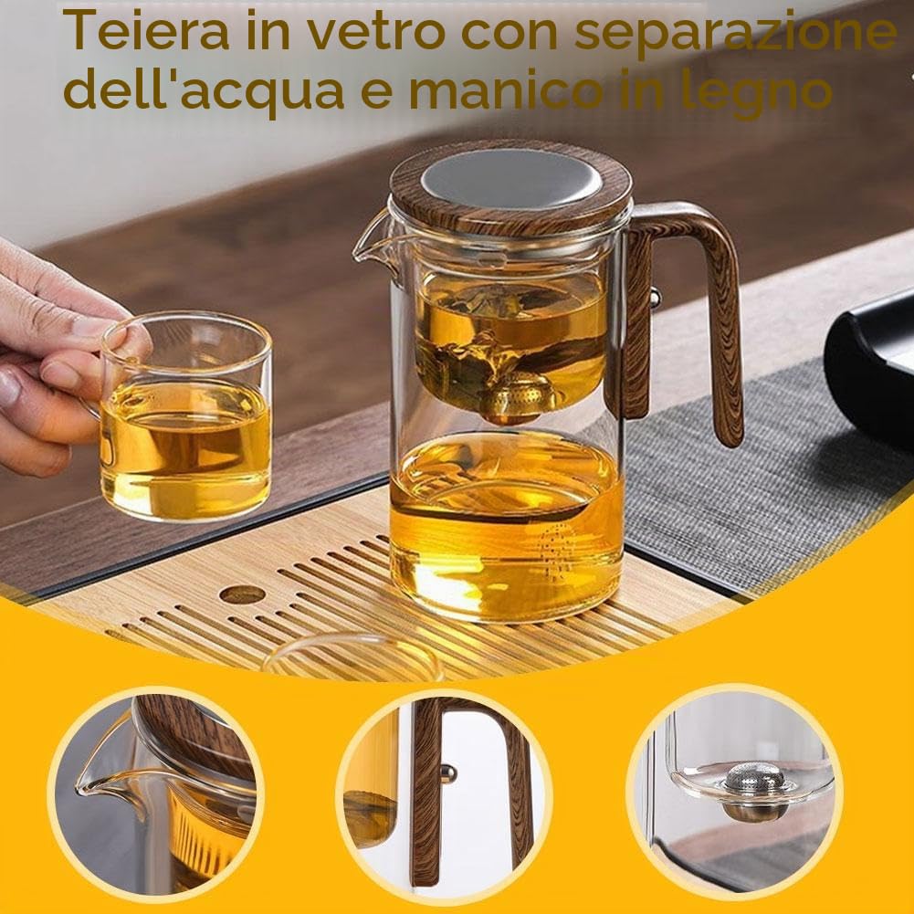 Teiera Stregoneria con Controllo a Pressione, 2 in 1 con Infusore per Tè Sfuso, in Vetro con Manico in Legno