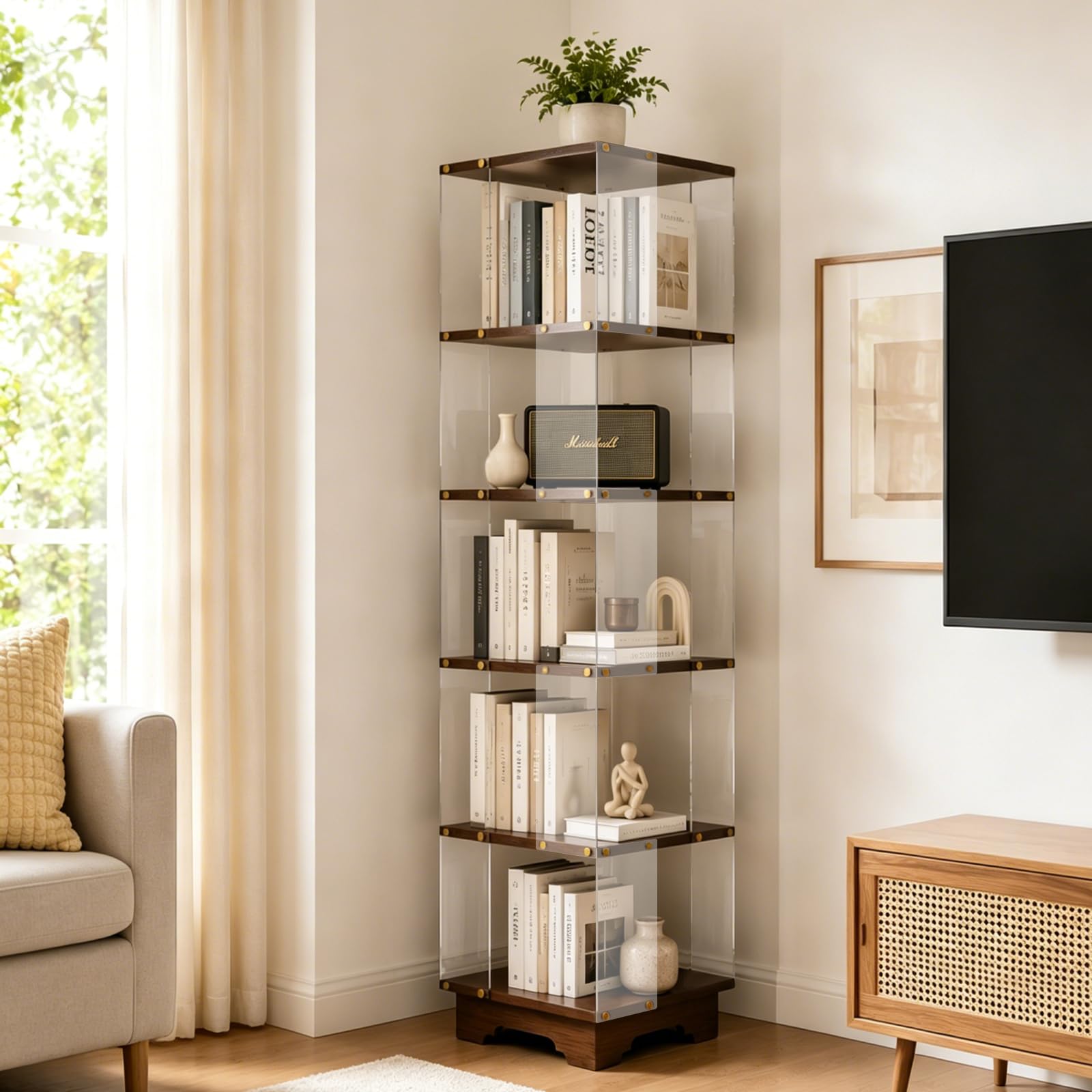 Aplancee 360° drehbares Bücherregal aus Holz & Acryl, 5 Ebenen, kompakt