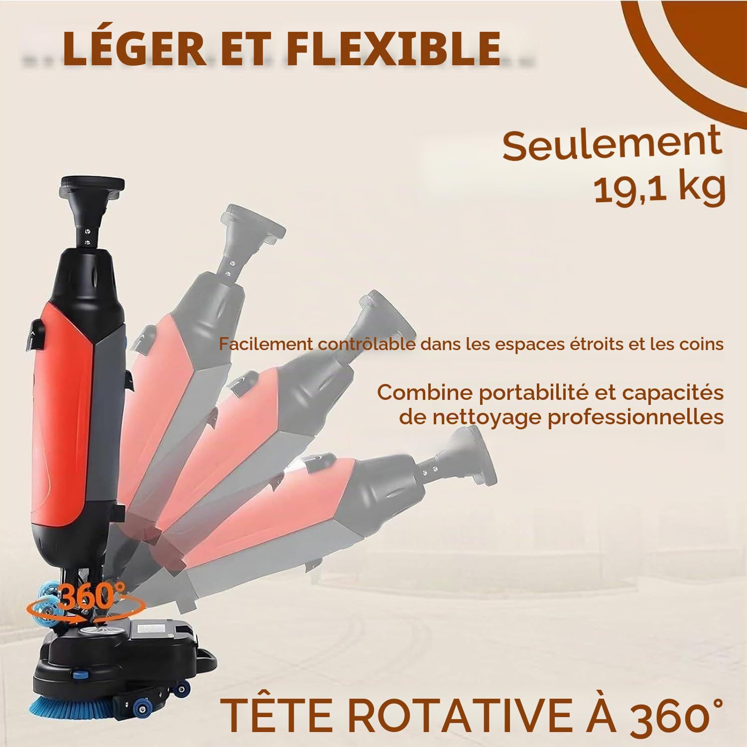 Laveuse Sol Professionnelle Portable, Autolaveuse Électrique Double Brosse, 43cm Largeur Nettoyage, 1200m²/h Capacité, 240 RPM, 360° Rotation pour Domicile Bureau Garages Red