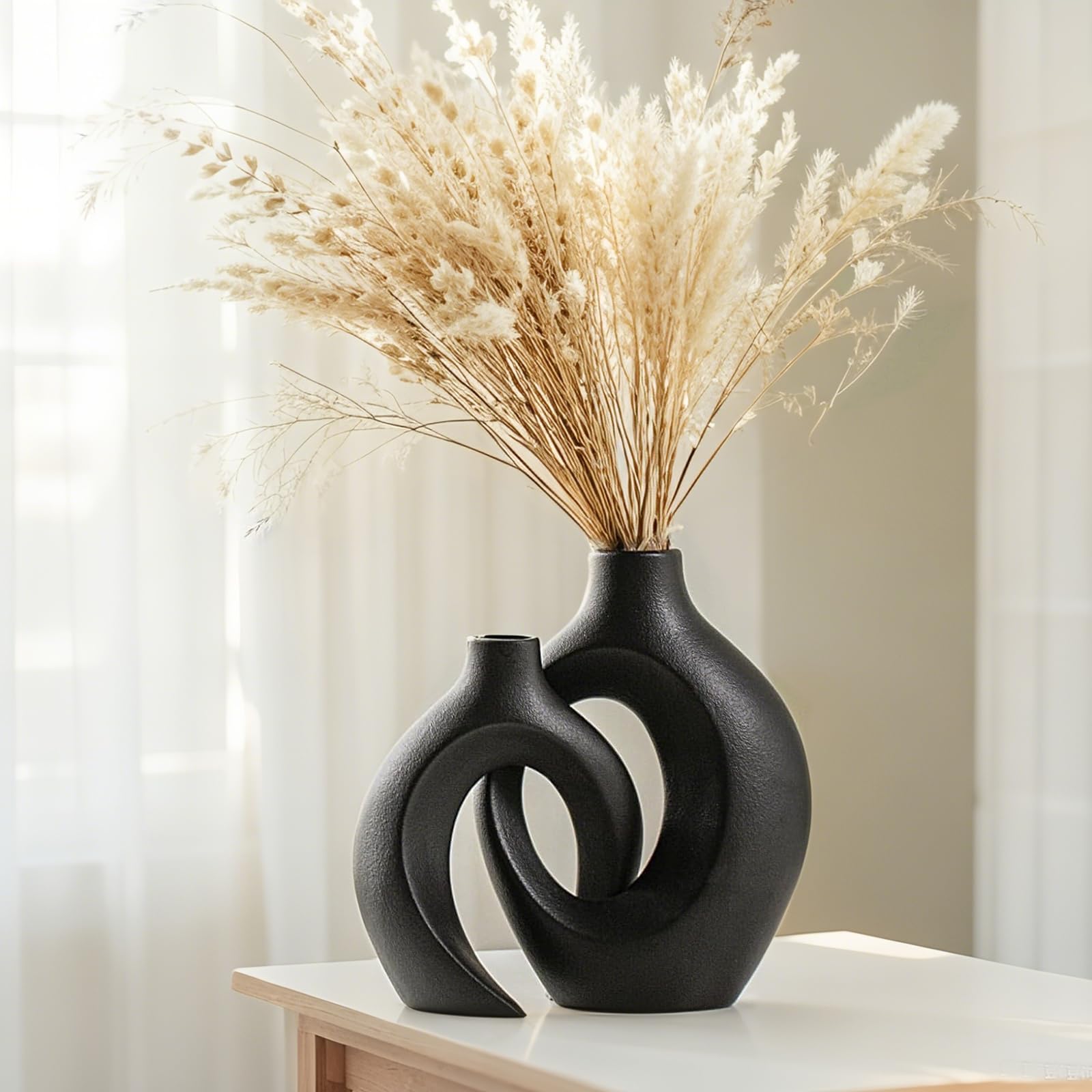 SUKIYPO Hollow Ceramic Vase, Set of 2 Black Modern Vase for Nordic Minimalistic Decoration, Round Boho Aesthetic Flower Vases for Home, Living Room, Office, Farmhouse, Bookshelf, Decor