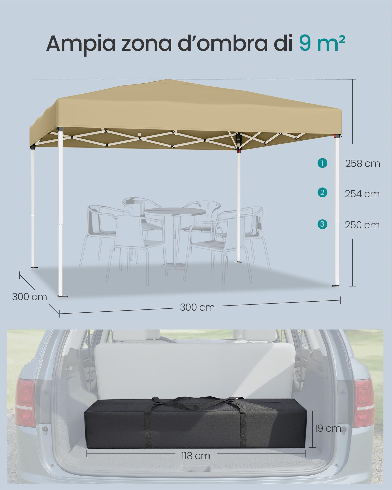 SONGMICS Gazebo 3 x 3 m, Tendone Pieghevole, Protezione Solare, Resistente alla Pioggia Leggera, Portatile, per Cortile, Giardino, Mercato, Beige GCT102LZ01