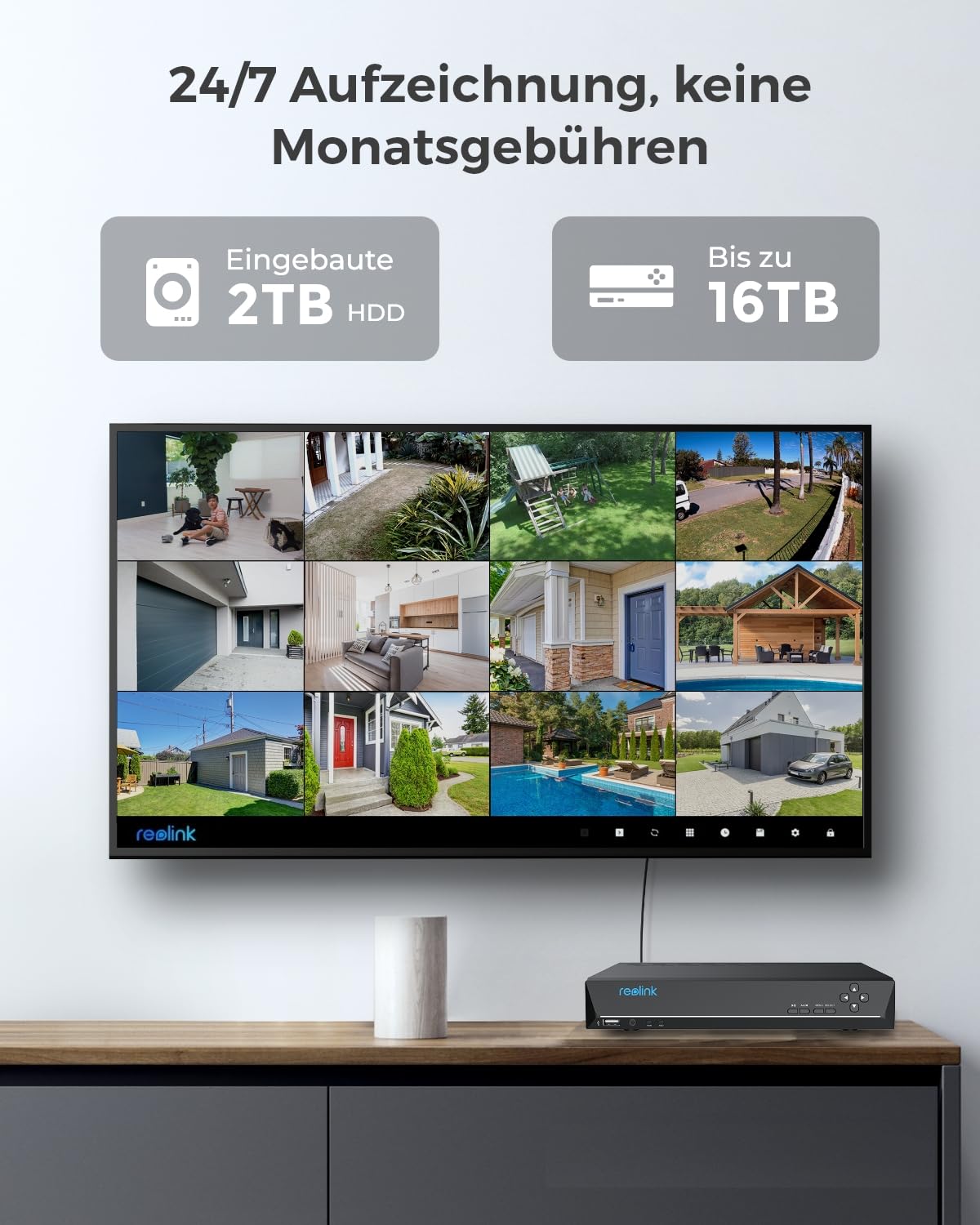 Reolink 4K Überwachungskamera Aussen Set, 5X Optischer Zoom, Personen-/Fahrzeug-/Tier-Erkennung, Spotlights, 2-Wege-Audio，8CH 2TB HDD NVR für 24/7 Aufnahme,Nachtsicht, IP67 Resistent, RLK8-811B4