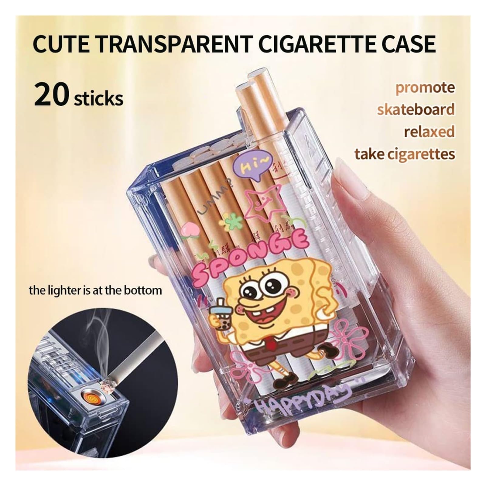 2024 Cute transparent visible cigarette case with lighter, USB fast  charging connector box, tungsten lighter, pressure-resistant and anti-fall,  20 regular size cigarette cases (color: B) (Color : A) : Amazon.ie: Fashion