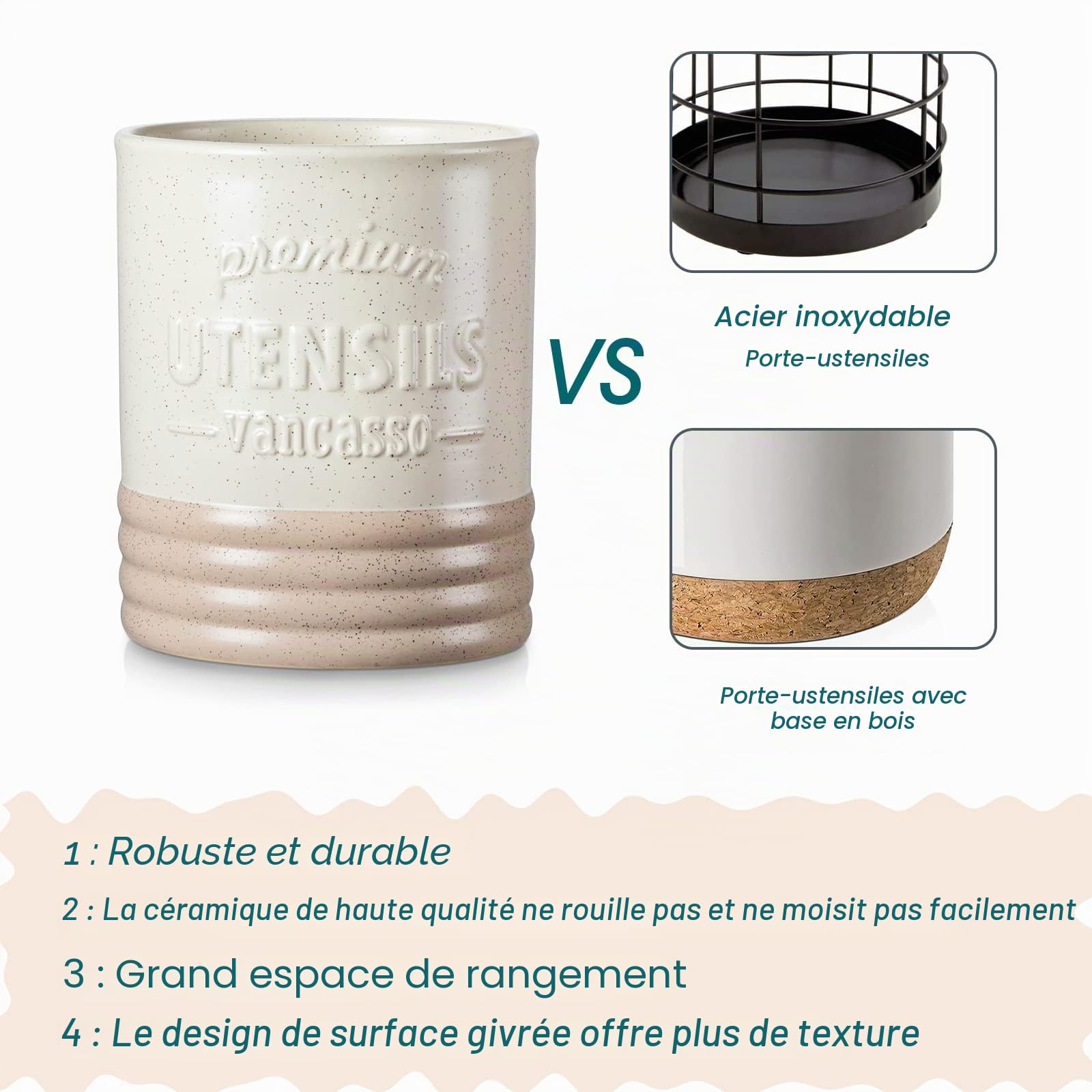 vancasso Série Sabine Pot Ustensiles Cuisine, 18,2 cm Grand Rangement en Céramique, Bocaux Rangement Cuisine pour Comptoir de Cuisine, Belle Décoration d'Intérieur, Cadeau Parfait