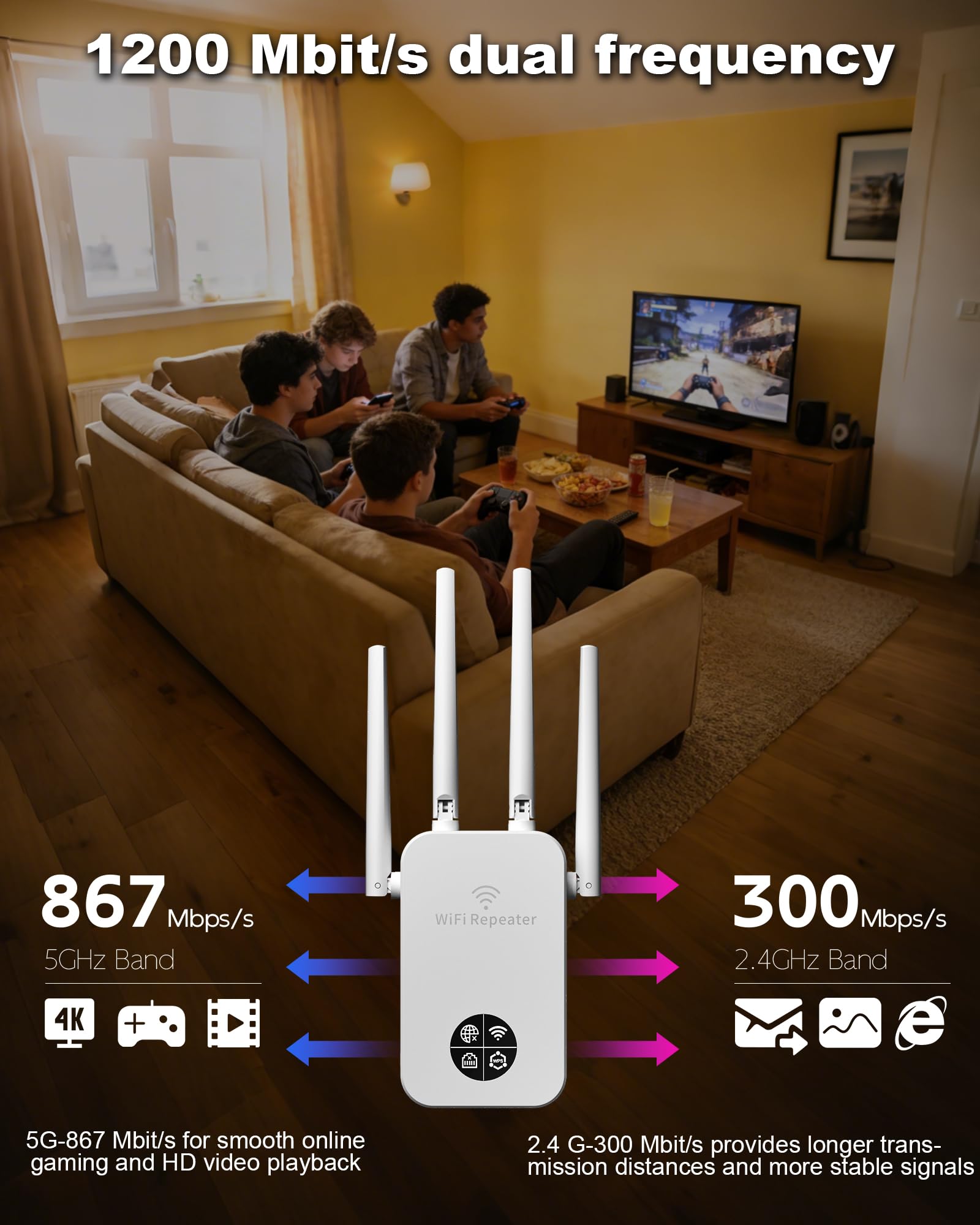 Wzmacniacz Wi-Fi 1200 Mbit/s wzmacniacz WLAN, 5 GHz i 2,4 GHz, podwójny wzmacniacz WiFi z WPS, WiFi Internet Booster, kompatybilny ze wszystkimi urządzeniami Wi-Fi