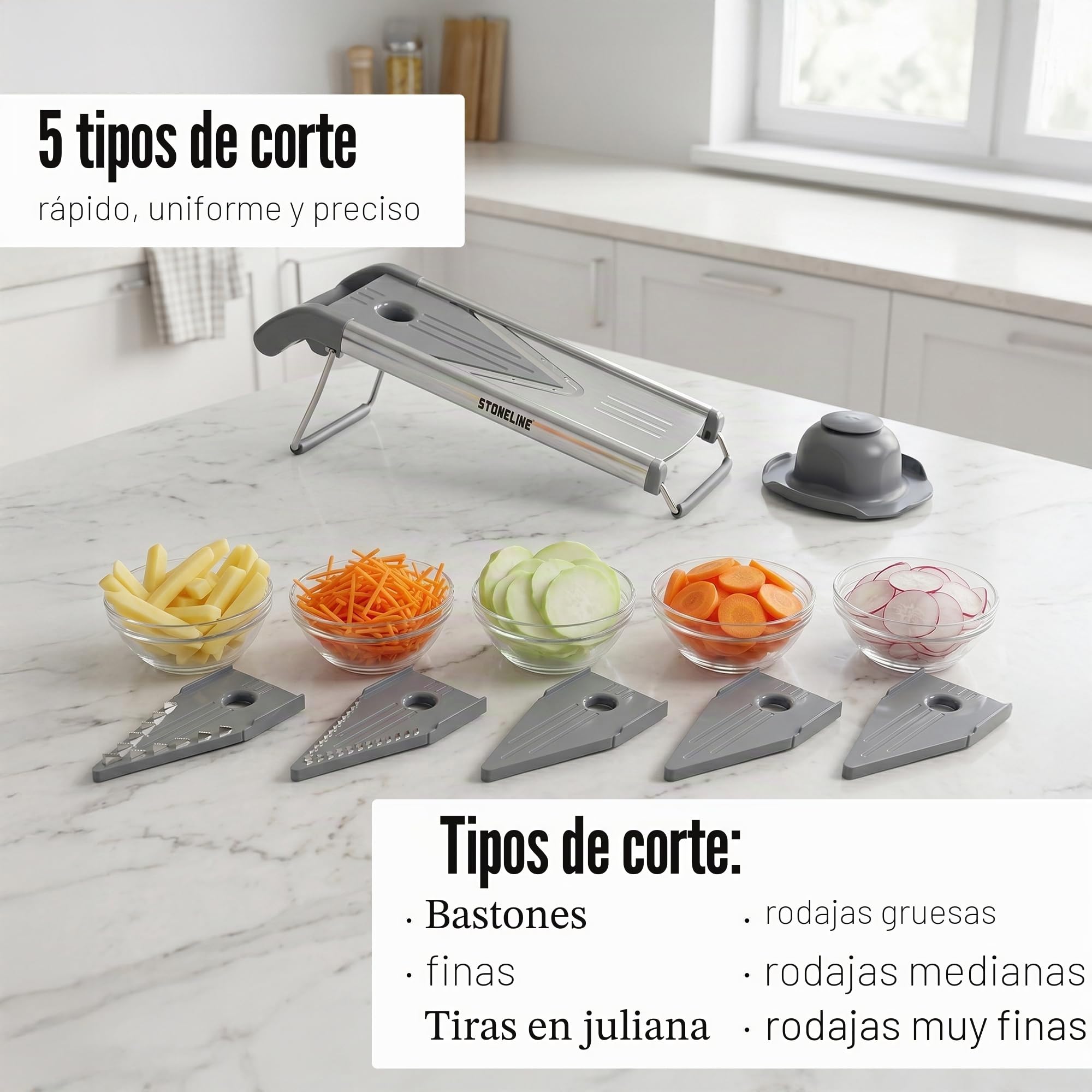 STONELINE Mandolina de Cocina Profesional de Acero Inoxidable 9 Piezas Rallador Cortador de Verdura con 5 Cuchillas y Protector de Dedos, Cortar en Rodajas Tiras Patatas Tomates Pepinos Queso Frutas
