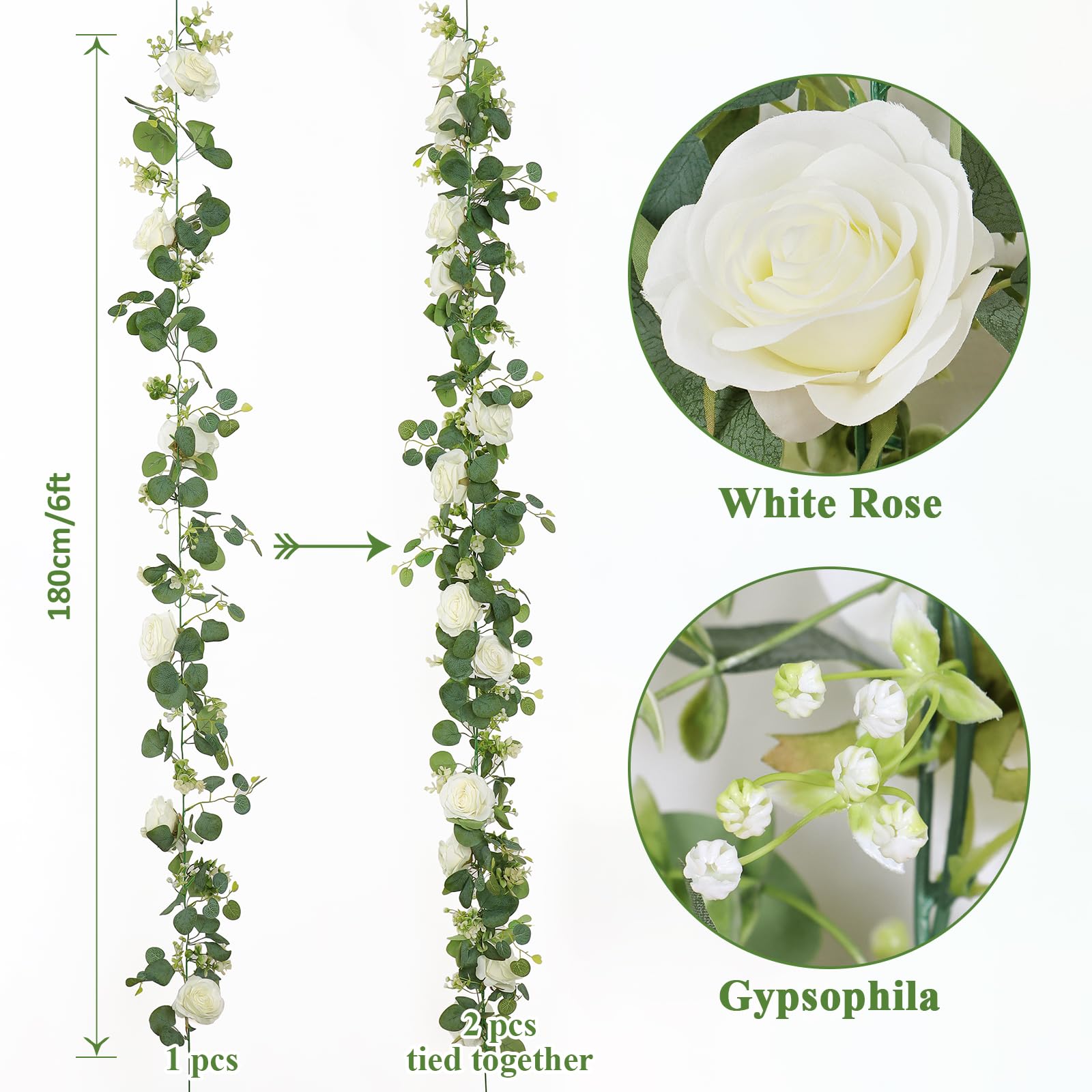 Dremisland 4 Piezas Guirnalda de Rosas Artificiales Flores 1.8m Guirnalda de Eucalipto Rosas Blancas Falsas Colgante Artificial Vid de Seda Plantas para Decoración Boda Jardín Balcón Exterior Interior