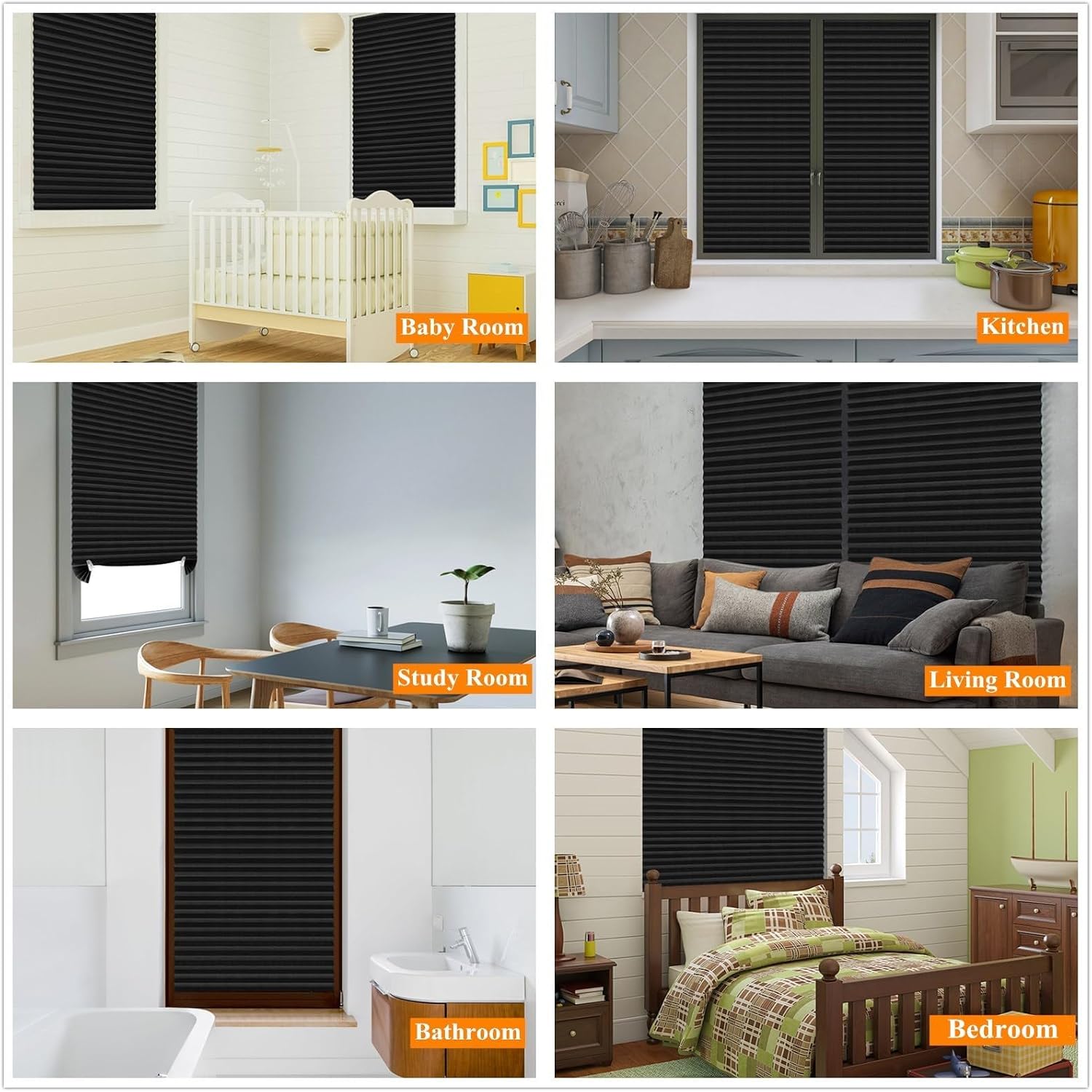 MALOKI Pleated Window Blinds,Temporary Window Shades Cordless Light Filtering Pleated Paper Shades Room Darkening Blinds for Home Bedroom Office (Black, 35 Inch x 59)