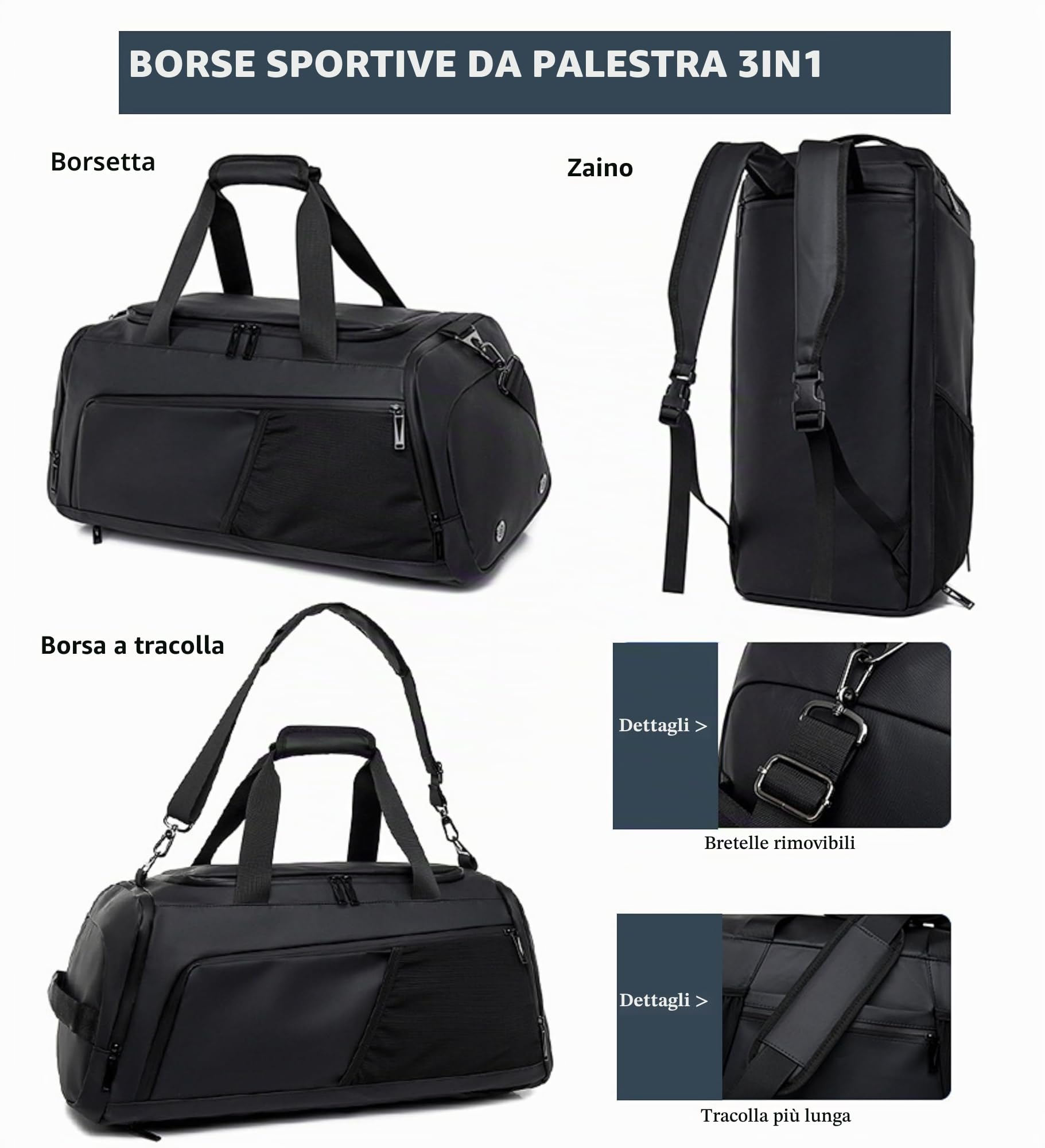 Borsa sportiva 3 in 1 per uomo con scomparto per scarpe, borsa da viaggio con tracolla, zaino da viaggio impermeabile