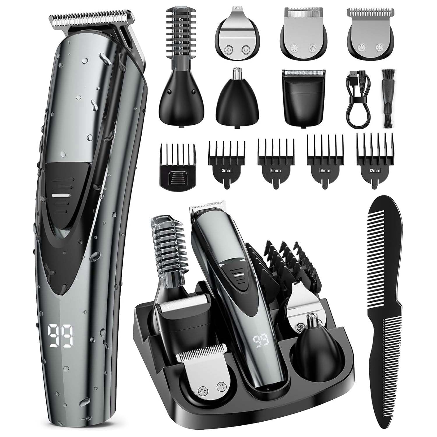 SHPAVVER Electric Beard Trimmer for Men: 16-in-1 Professional Barber Hair Clippers - Cordless Grooming Kit - Turbo Speed & Precision Blades
