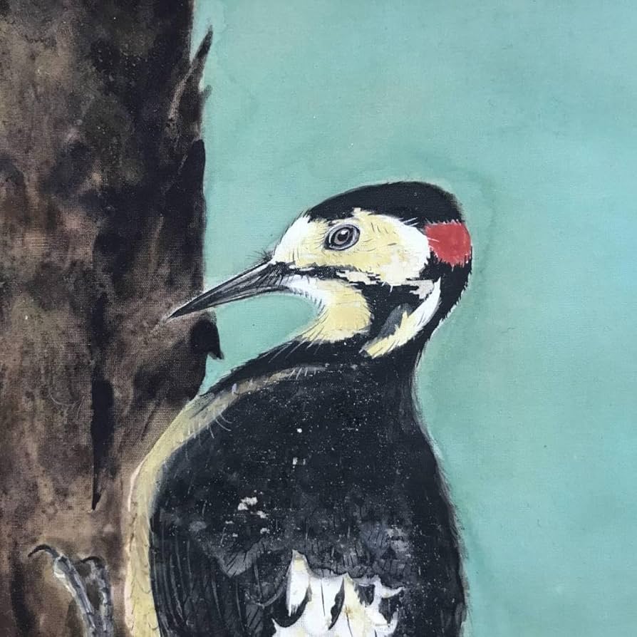 真作/朝見香城/樹間啄木鳥図/キツツキ/花鳥図/掛軸/名家伝来/AD-877 真作/朝見香城/樹間啄木鳥図/キツツキ/花鳥図/掛軸/名家伝来/AD-877