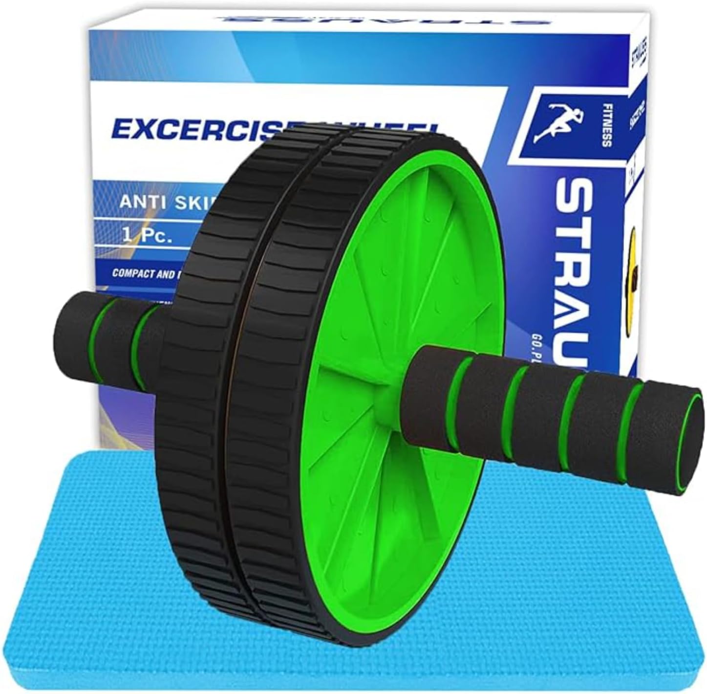 Double Wheel Ab & Exercise Roller | Anti-Skid Wheel Base, Non-Slip Stainless Steel Handles & Knee Mat| Abdominal Exercise Roller Wheel|Exercise Equipment for Home, Gym workout for Abs, (Green)
