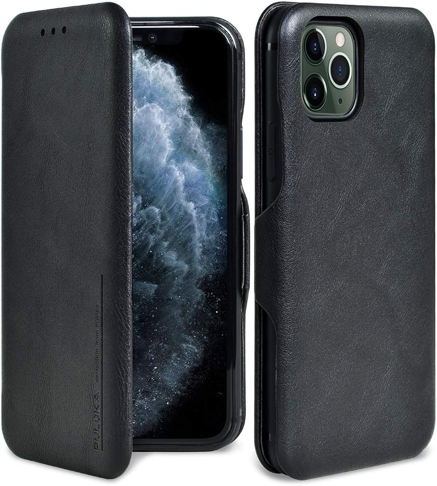 iPhone 11 Pro Max Flip Case Slim - PULOKA Premium PU Leather Folio Cover with Credit Card Case Ultra Thin Wallet Magnetic Closure for iPhone 11 Pro Max (6.5")-Black