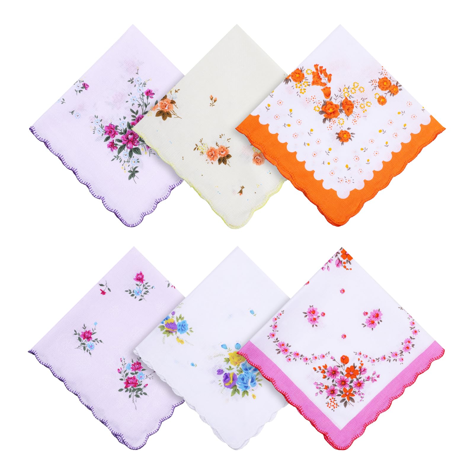 6 Pack Ladies' Vintage Floral Handkerchiefs Ladies Cotton Handkerchiefs Soft Cotton Women's Handkerchiefs Flower Embroidered Ladies Hankies Sweat Handkerchiefs for Wedding Party