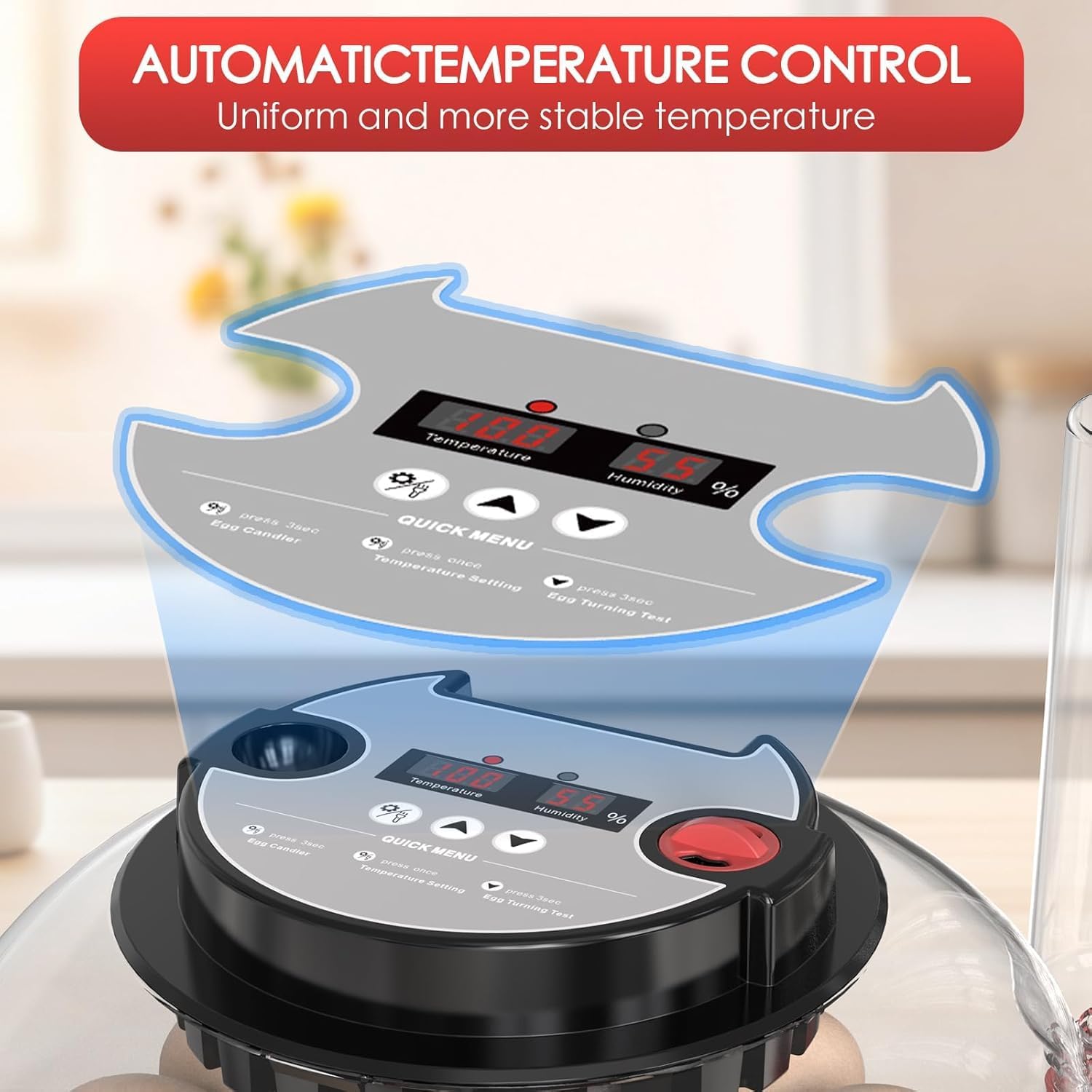 Incubadora para eclosión de huevos, volteadora automática de huevos y nuevo sistema de control automático de humedad, visión clara de 360° para pollo, pato y codorniz (negro)
