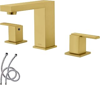 KENES Gold Widespread Bathroom Faucet Brushed Gold Two Handle Bathroom Sink Faucet 3 Hole, 8-Inch Bathroom Faucet Vanity Faucet with Lead-Free Supply Hose, KE-9050-4