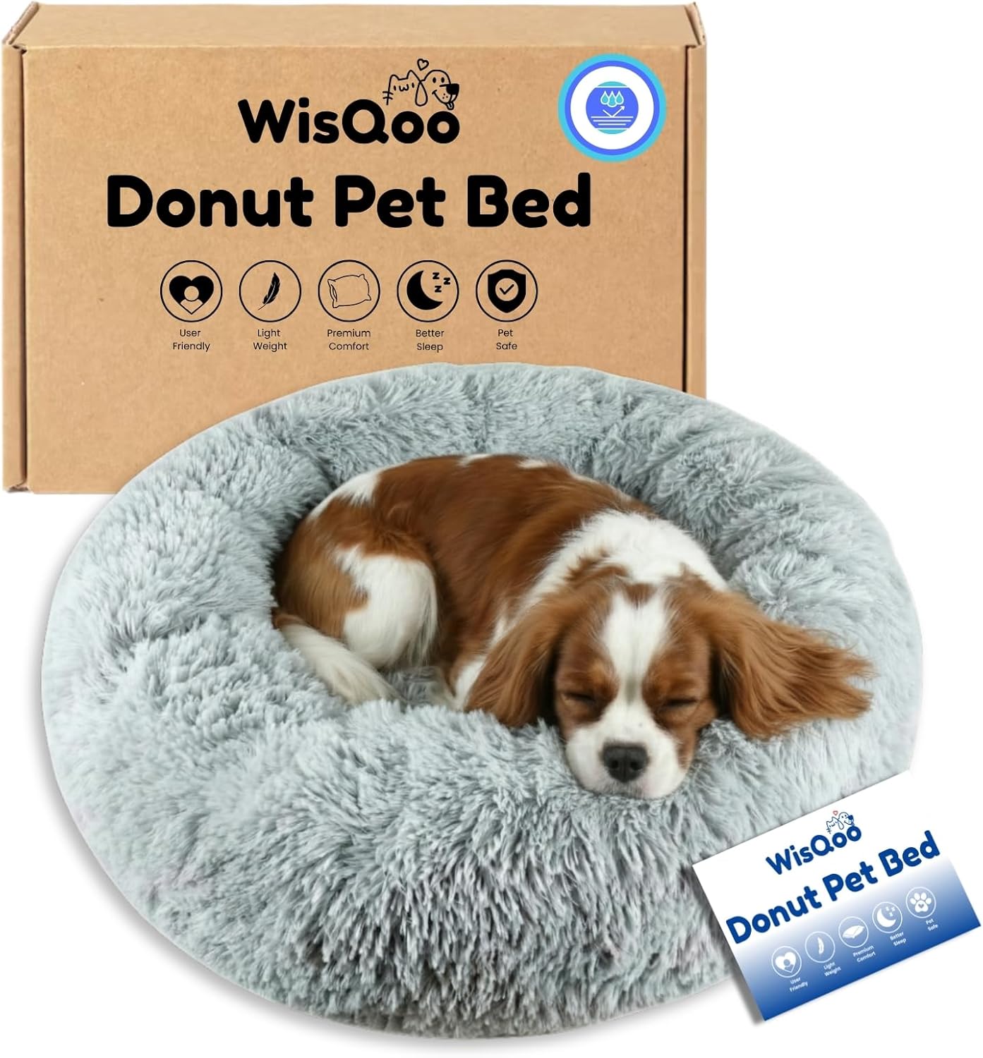 Calming Pet Bed with Water-Resistant Inner Liner – Anti-Anxiety Donut Dog & Cat Bed with Removable Washable Cover – Supportive Plush Nest, Non-Slip & Cushion Protection – Small, Grey