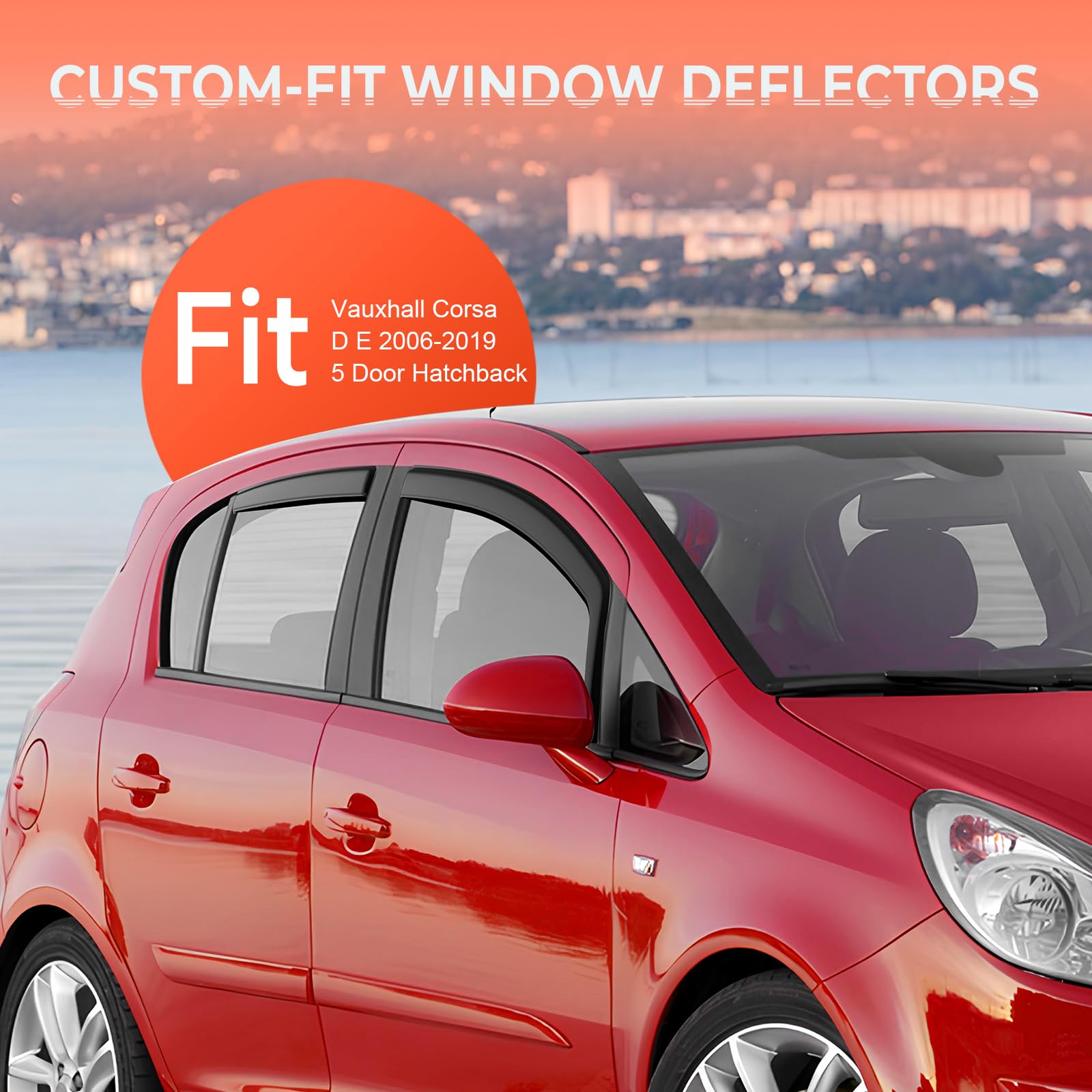 Deflectores de viento negros, protectores de lluvia para ventanas compatibles con Vauxhall Corsa D E 2006-2019 5 puertas Hatchback, visera solar a prueba de roturas en el canal lateral