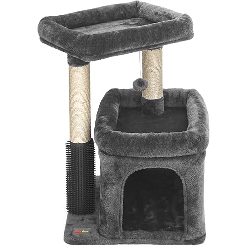 Small Cat Tree for Indoor Cats, Cat Scratching Post with Cat Condo Cat Tower for Multiple Cats, Plush Cozy Perch | Cat Massage Brush | Activity Hanging Pompoms for Kittens, Dark Grey
