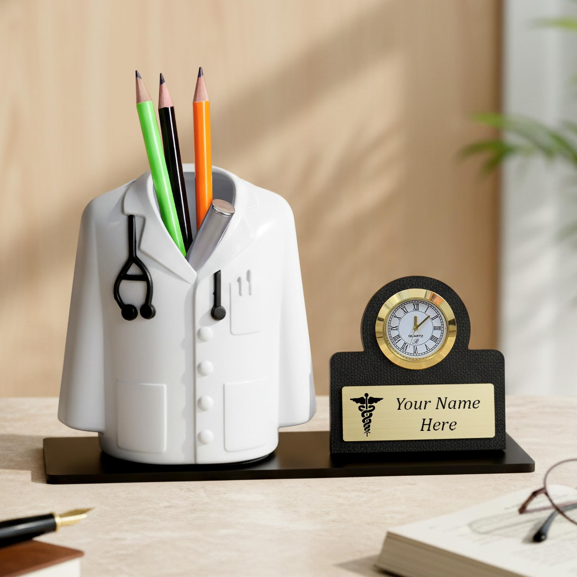 Deskart Doctor Pen Stand with Clock and Customized Name Plate | Personalized Gift Item for Doctors and Medical Aspirants with Apron/Coat Shape Desk Organizer