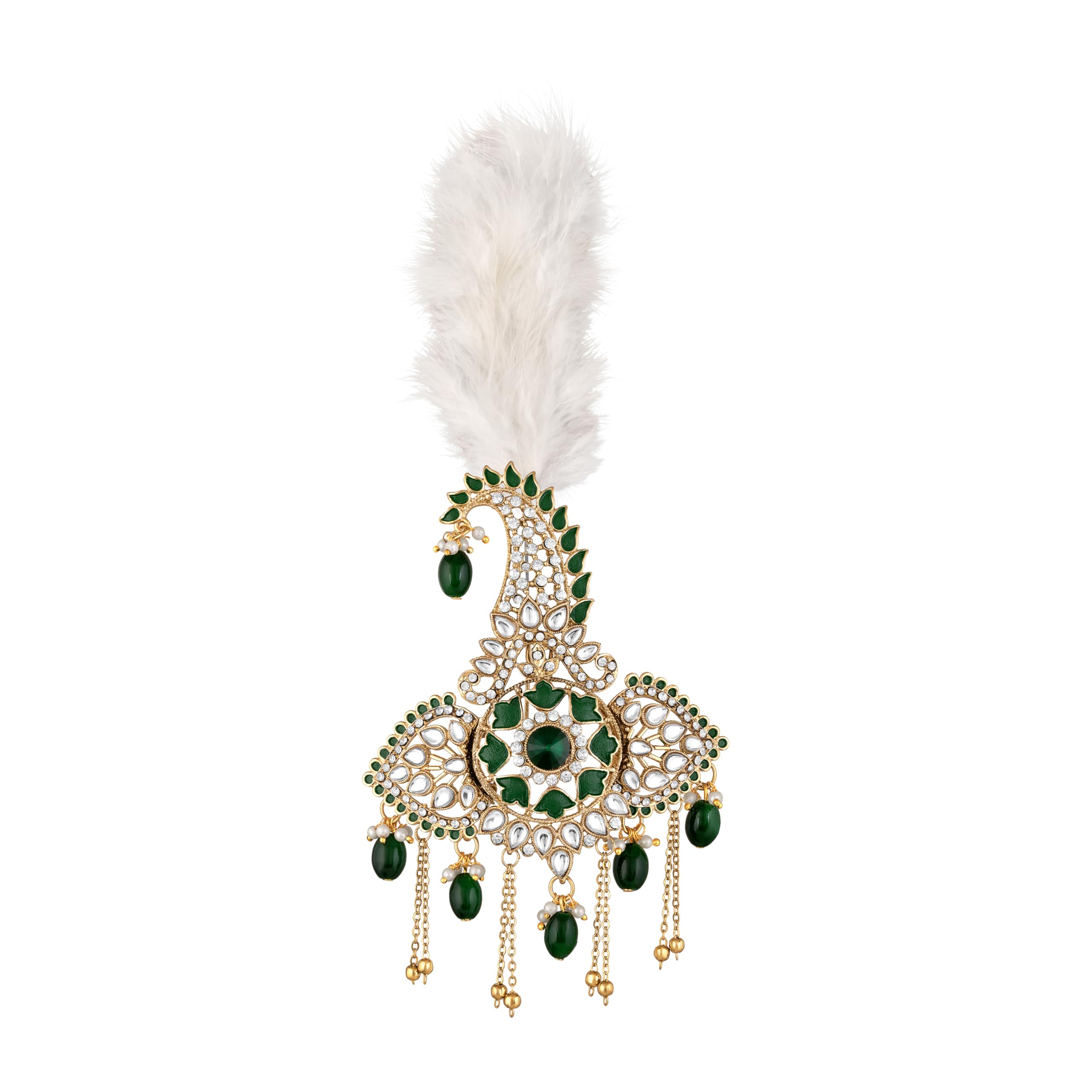 Green and White Crystals Kalangi with Feather Pagri Turban Brooch for Groom/Men (KL1001019GGre)