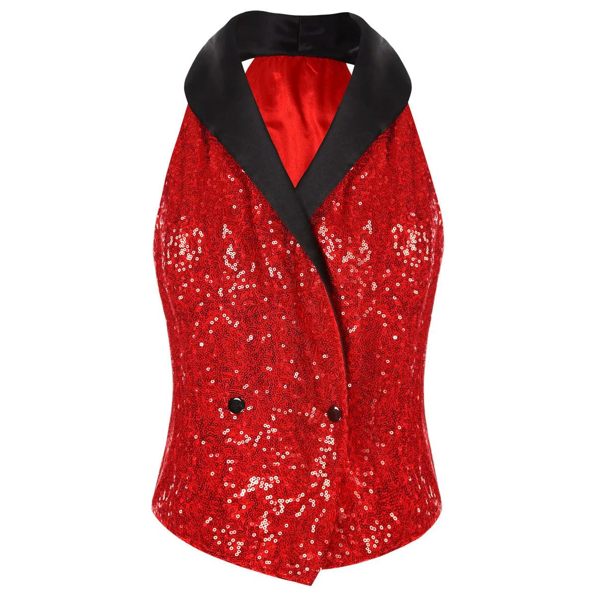 Top da donna con paillettes scintillanti con scollo a V e risvolto senza maniche con bottoni camicetta top jazz danza sera festa banchetto cocktail discoteca