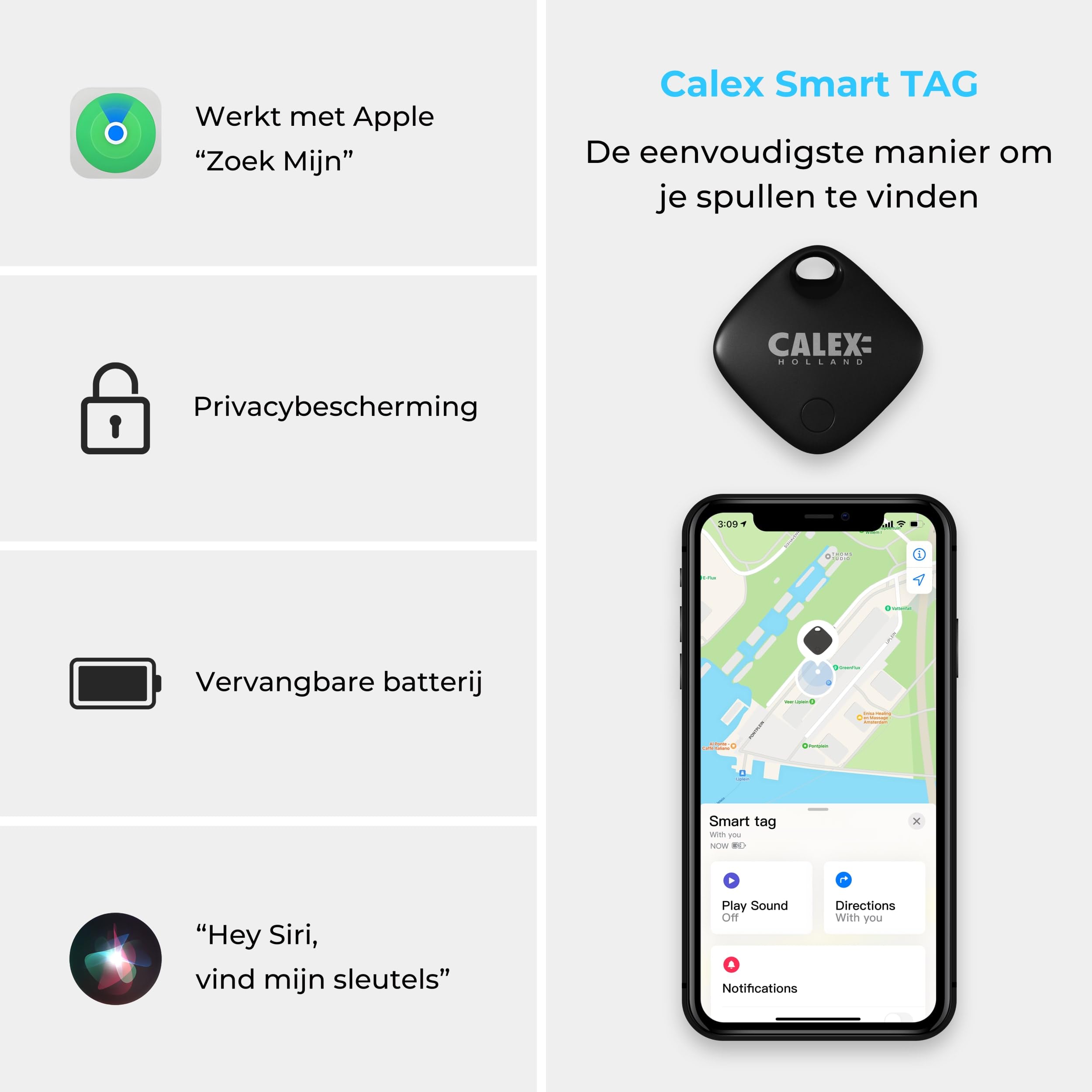 Calex Smart Tag - Lot de 3 - Compatible avec la Fonction de localisation Apple Find My, Suivi de Clés, Tracker Bluetooth avec Notification Sonore pour Fonction de Recherche