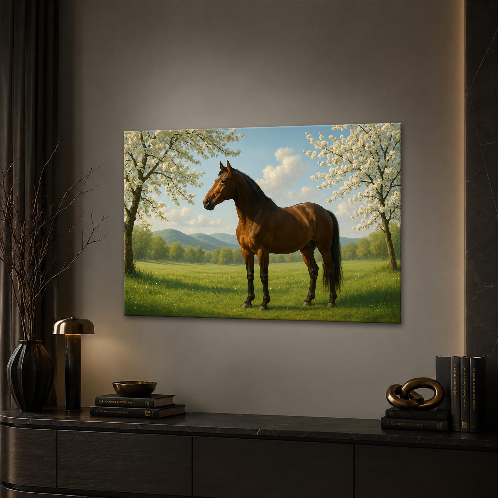 deyoli Obraz na płótnie brązowy koń stoi na wiosennej łące 60 x 40 cm kolorowy