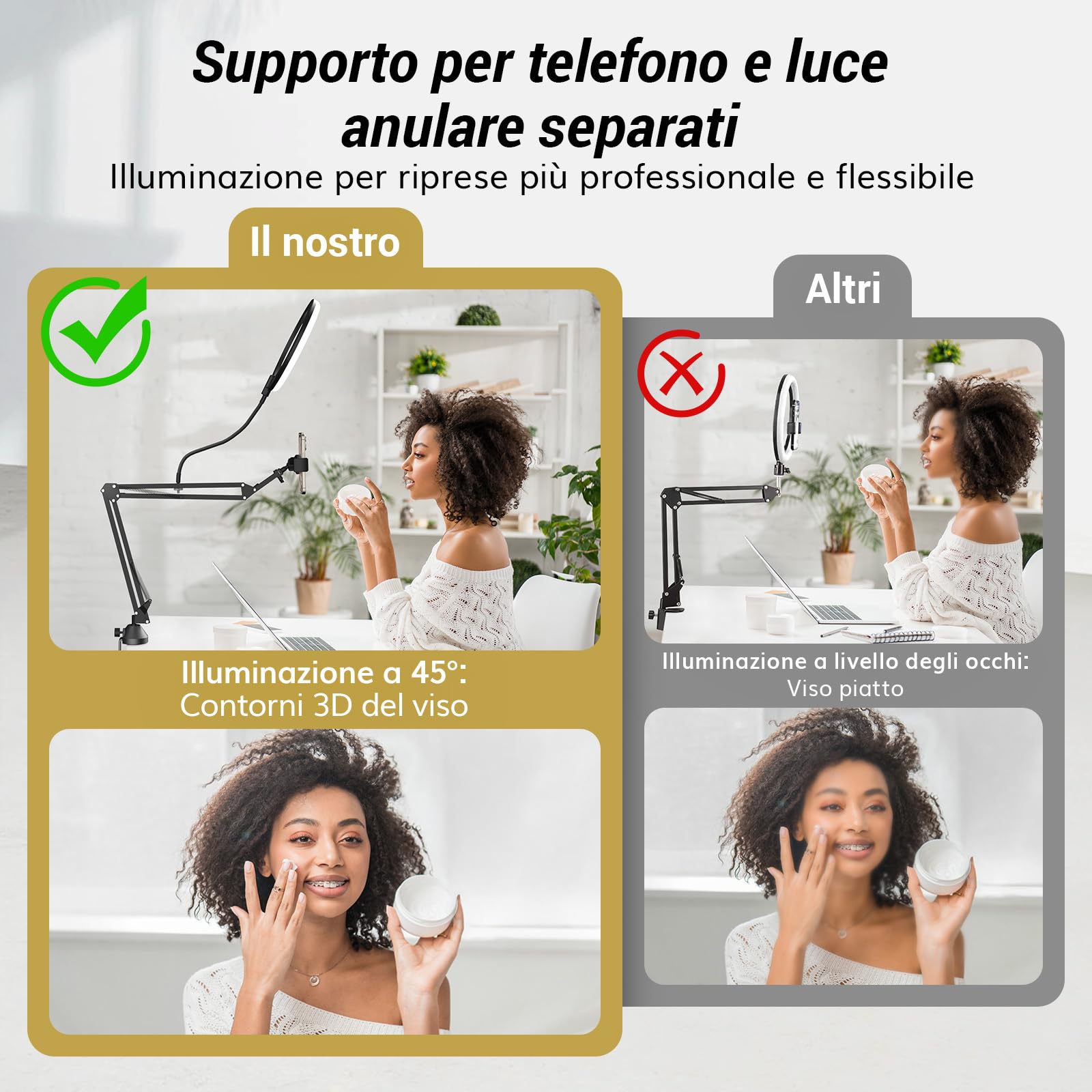 Kit luce anulare TONOR, luce anulare da 10" con braccio Heayy Duty e supporto per telefono, angolo regolabile, adatta per registrazione video, streaming live, disegno, trucco per unghie