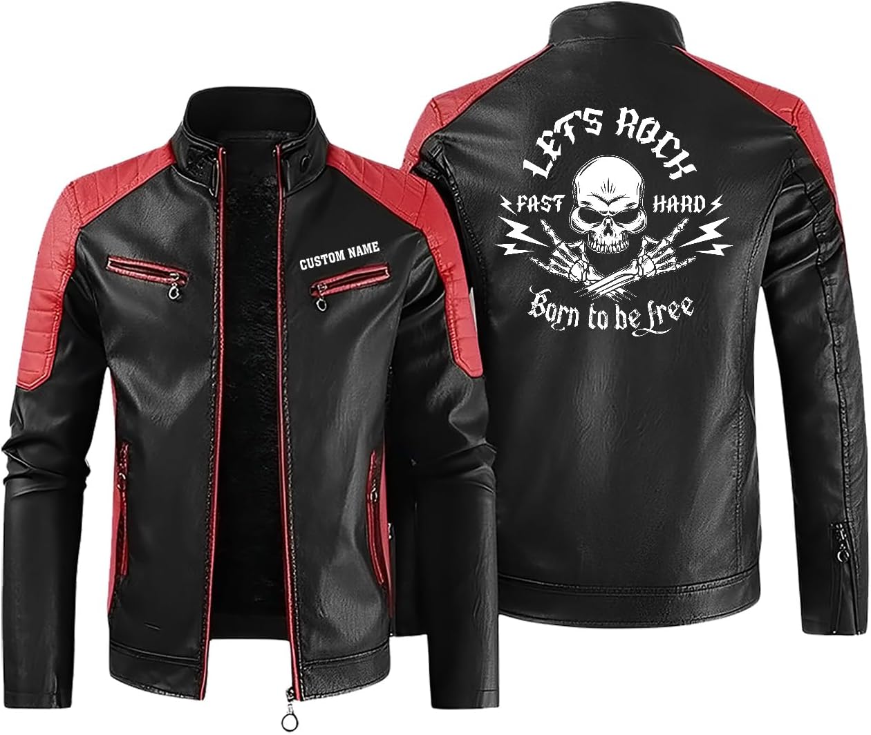 Let's Rock, Fast and Hard, Born to be Free, Music Skull Rocker, Motorcycle Custom Men PU Leather Vest Jacket