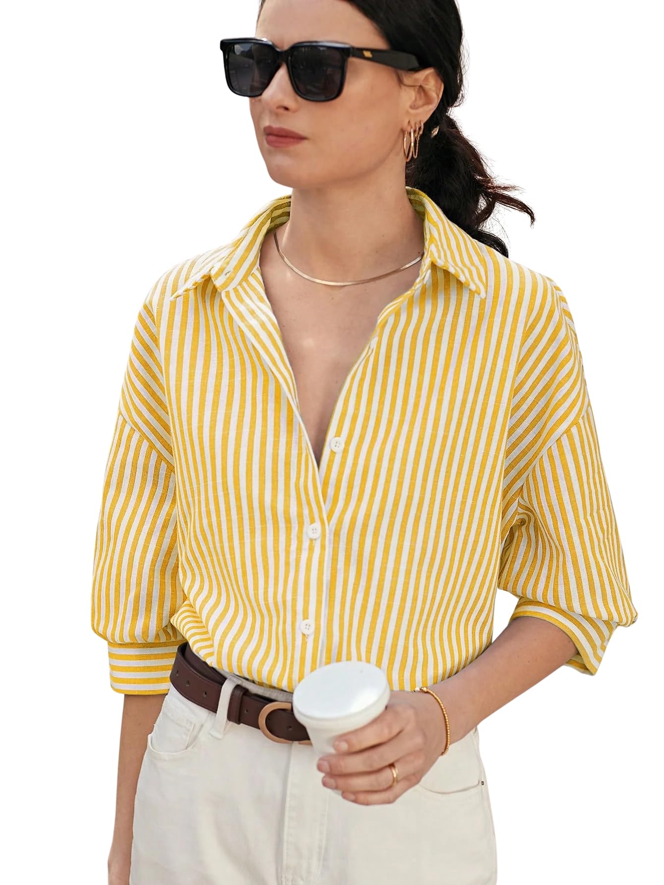 indoprimo Women's Classic Fit Striped Print Poly Cotton Shirt with 3/4 Sleeve Mandarin Neck Standard Length and Button Down Closure Type-picture-28