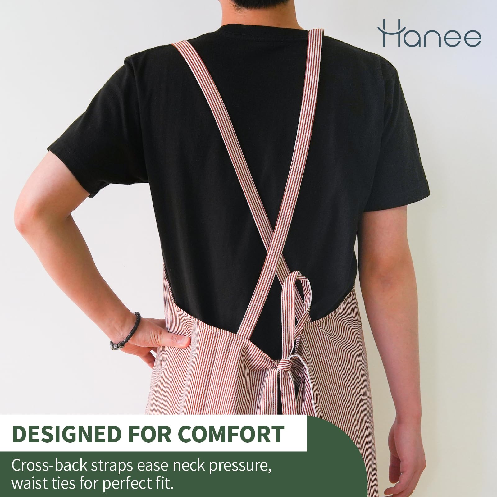 HANEE Cross-Back Apron for Men and Women, Cotton Canvas Apron with Stripes (3 Colors) (Red)