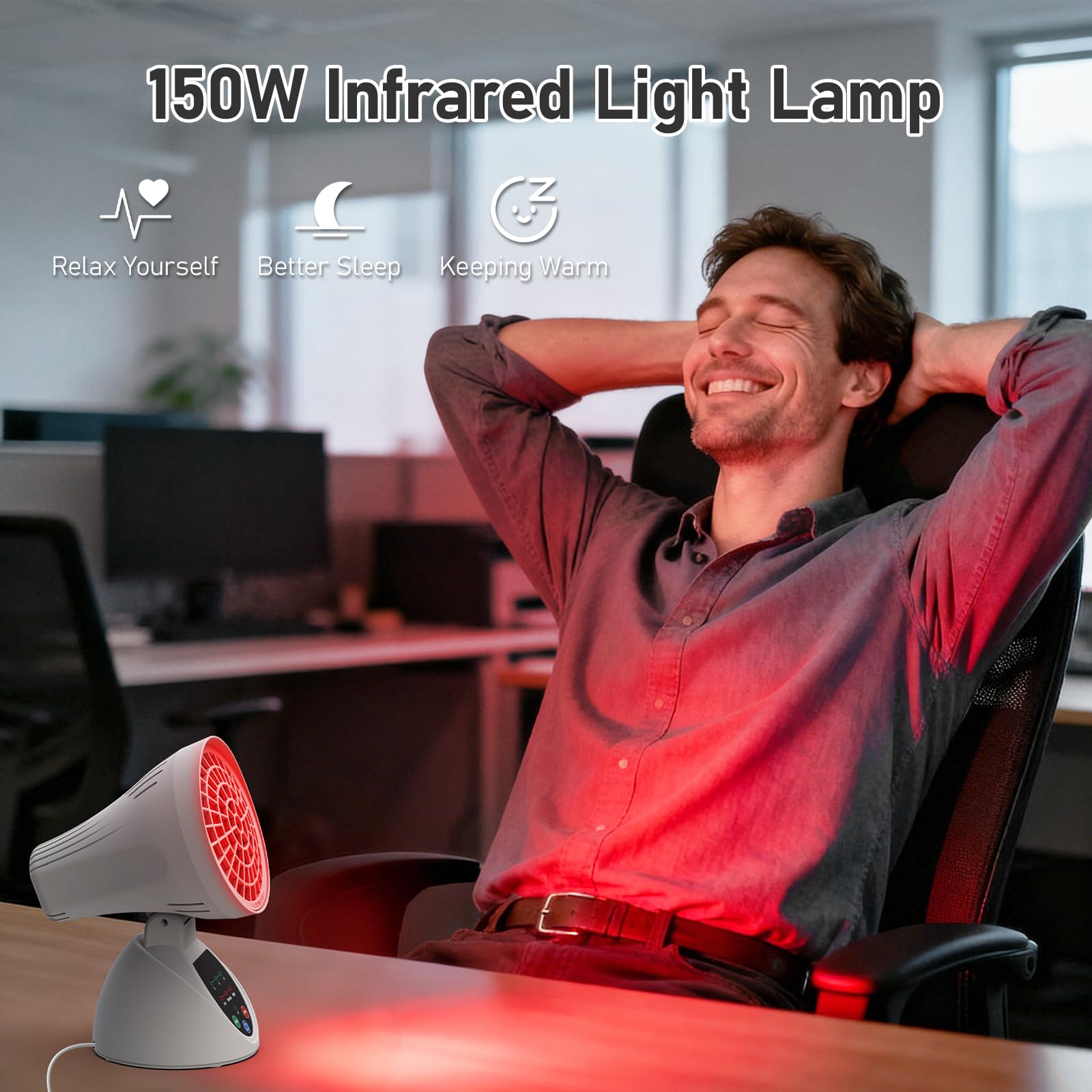 Lampada a infrarossi, 150 W, luce rossa ad alta potenza, 3 livelli di temperatura, timer 30/45/60 min, angolo regolabile, spegnimento automatico, luce a infrarossi per ufficio/uso domestico