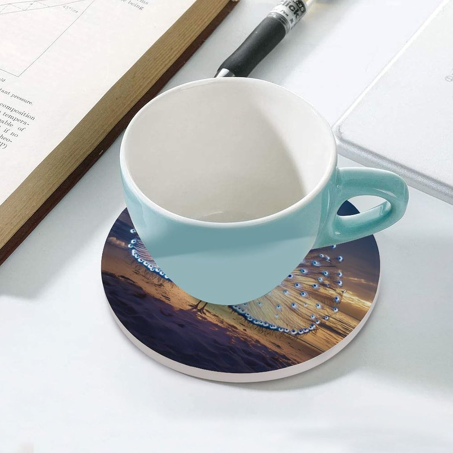 Peacock on Beach Round Ceramic Coasters Print Drinks Absorbent with Cork Base for Home Decor Gifts 4 Inch