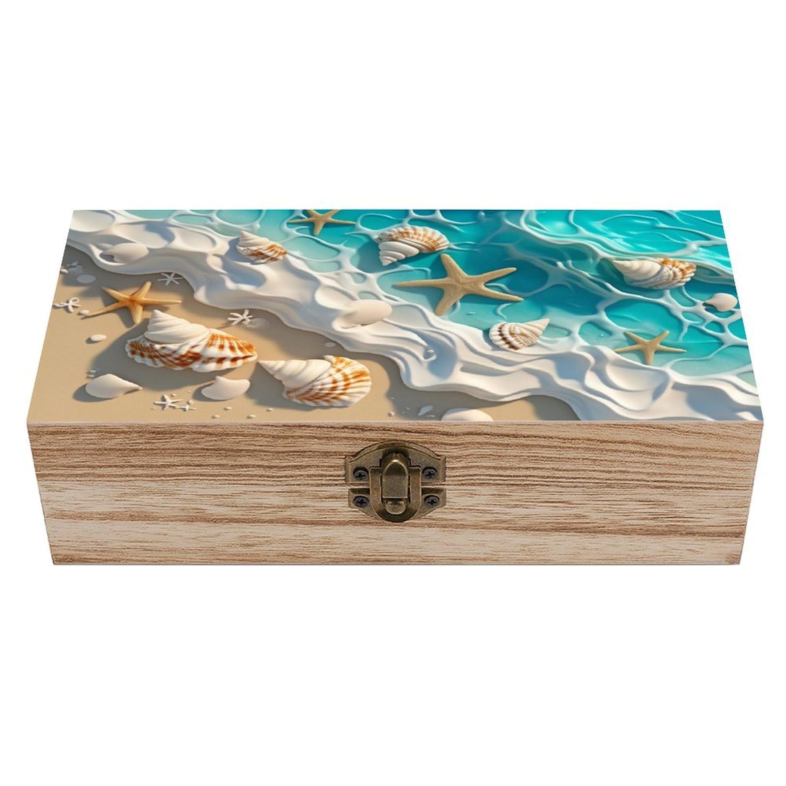 HLBSDM Sea Starfish Shell Vintage Wooden Keepsake Box with Hinged Lid And Locking Clasp, Decorative Storage Box for Jewelry, Trinkets And Small Accessories, Organizer for Home Or Wedding