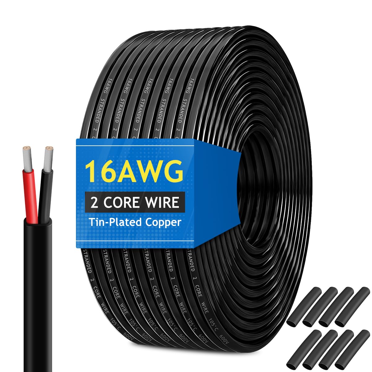 16 Gauge 2x1.5mm²Oxygen-Free Tinned Copper Electrical Wire, 100FT/31M 2 Core Cable, 16AWG 5V/12V/24V/240V/600V Flexible Extension Wire, Solid Stranded OFC Cable for Auto Audio, Solar, Home Theater