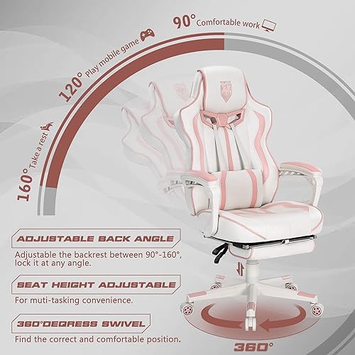 Miniatura 4 de Vonesse Silla de juegos rosa para niñas, silla de computadora reclinable estilo carreras con reposapiés de oficina, silla ergonómica giratoria de