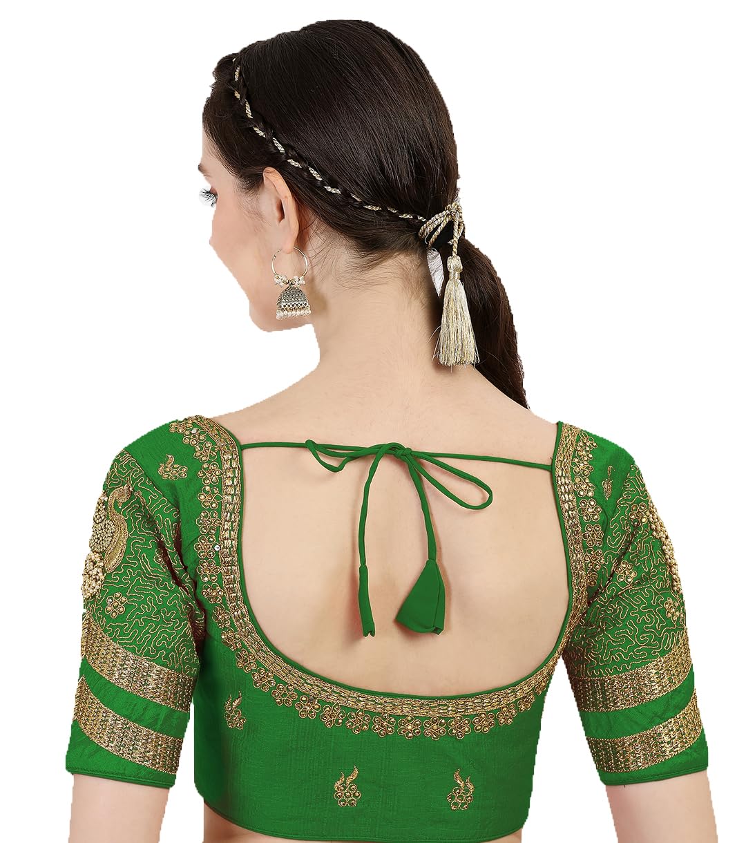 Pujia Mills Women's Silk Heavy Embroidery Peacock Khatli Work with Stone Work Readymade Blouse, green, 38