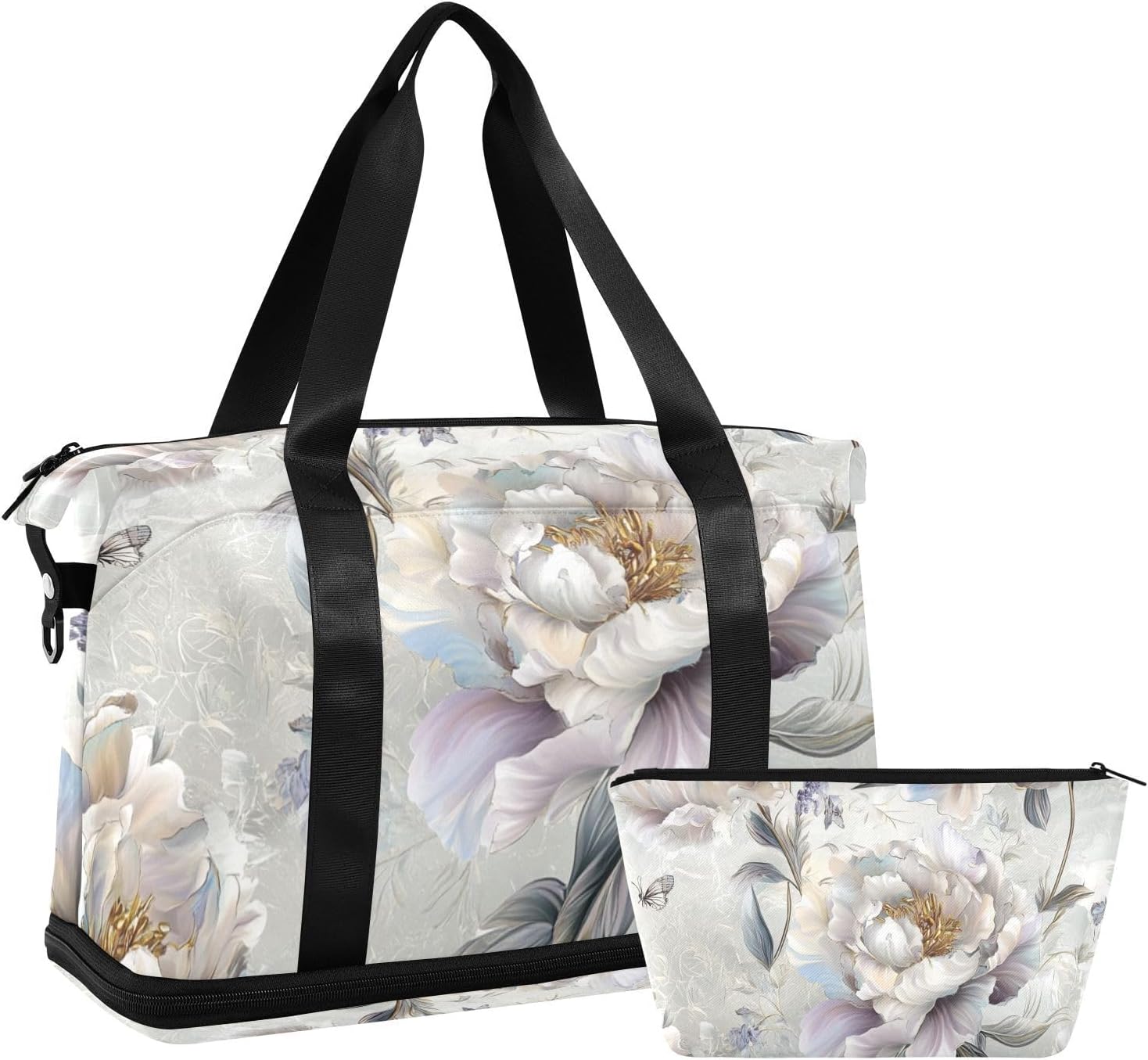 Cute Peonies Silver_1 Gym Bag Sports Gym Tote Bag with Toiletry Bag for Gym Waterproof